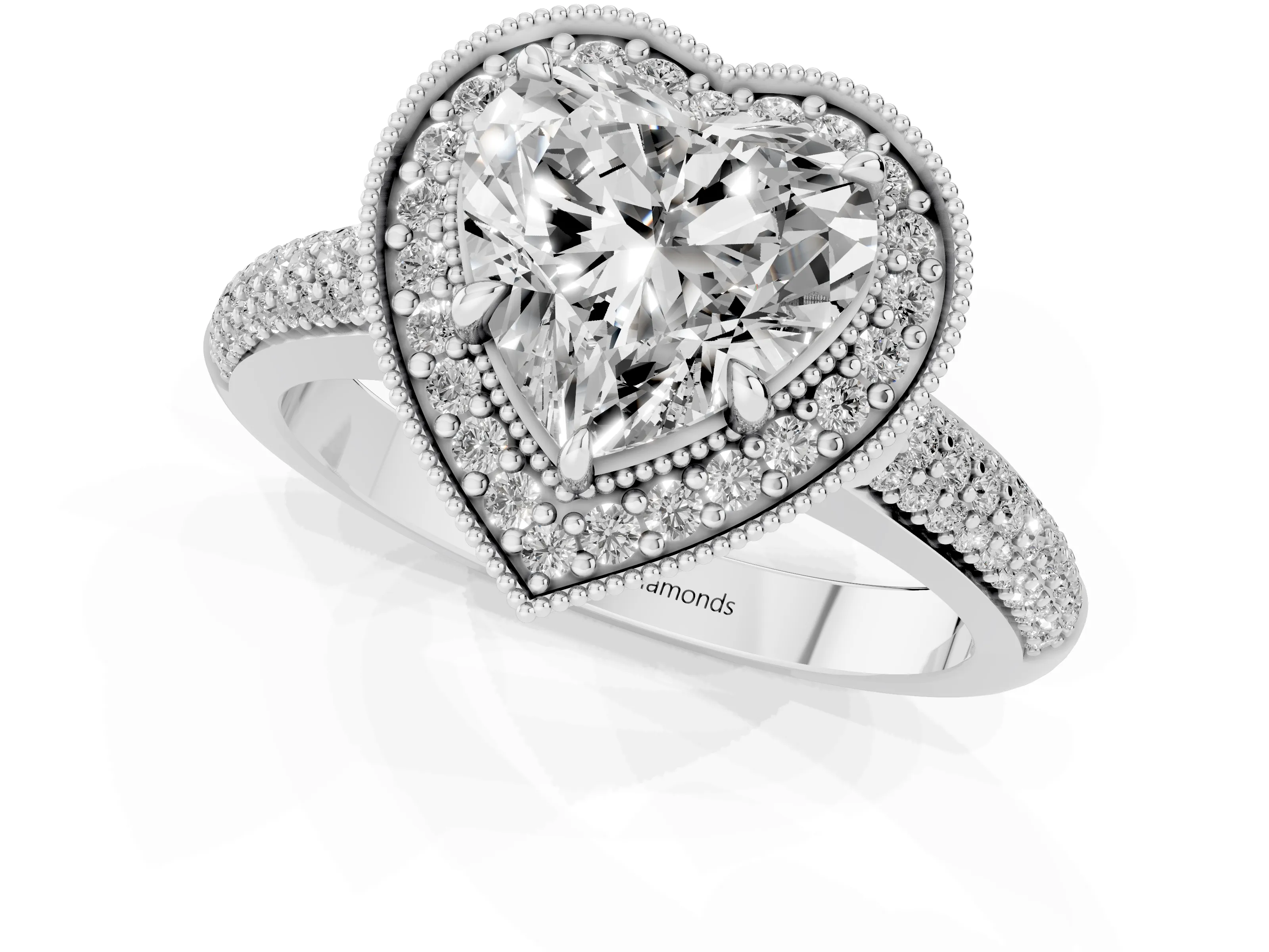 Heart Cut Diamond Halo Pavé Band Set in Silver with Prong Setting
