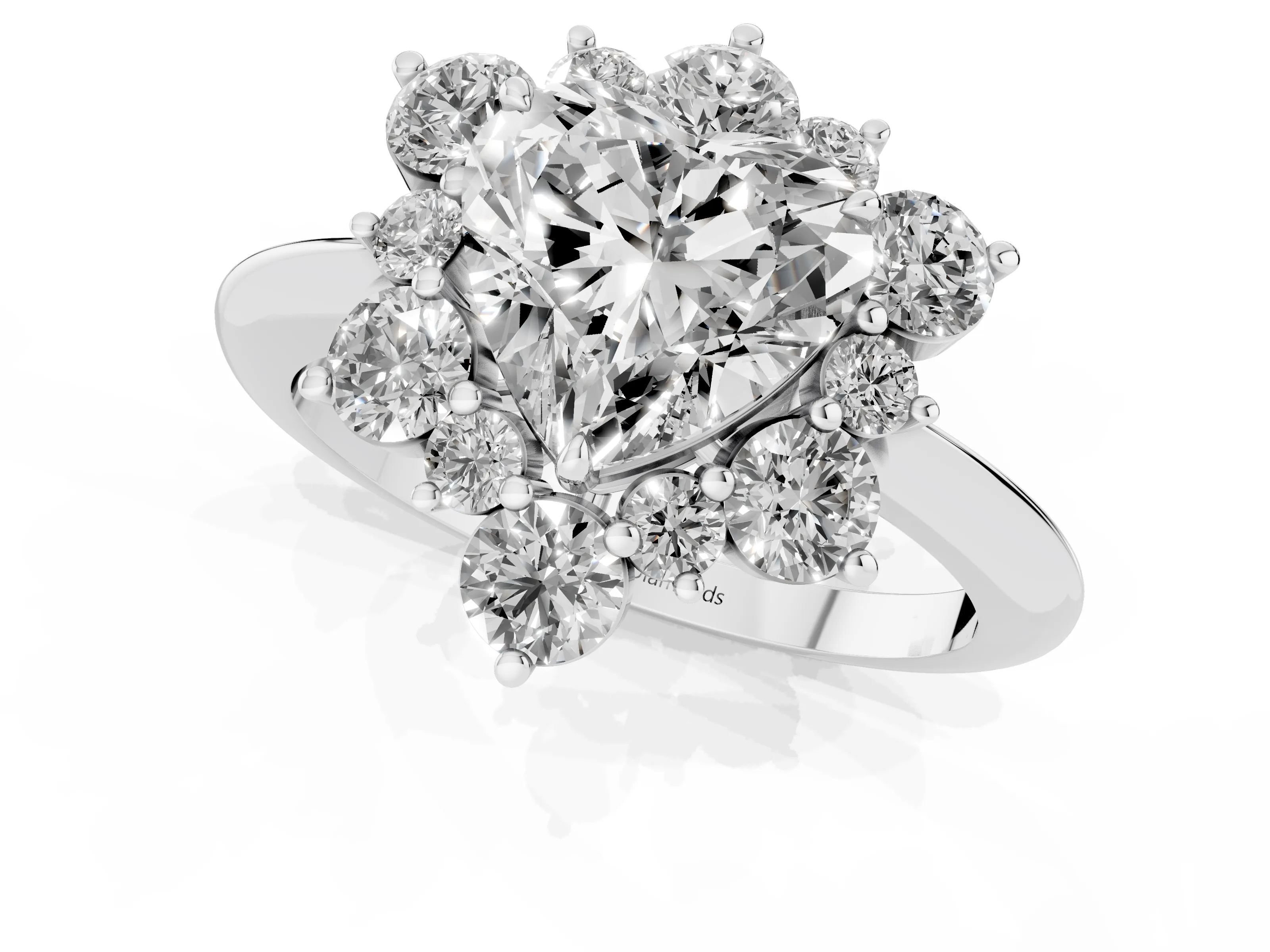 Heart Cut Diamond Cluster Halo Ring Set in White gold with Solitaire Band and Prong Setting