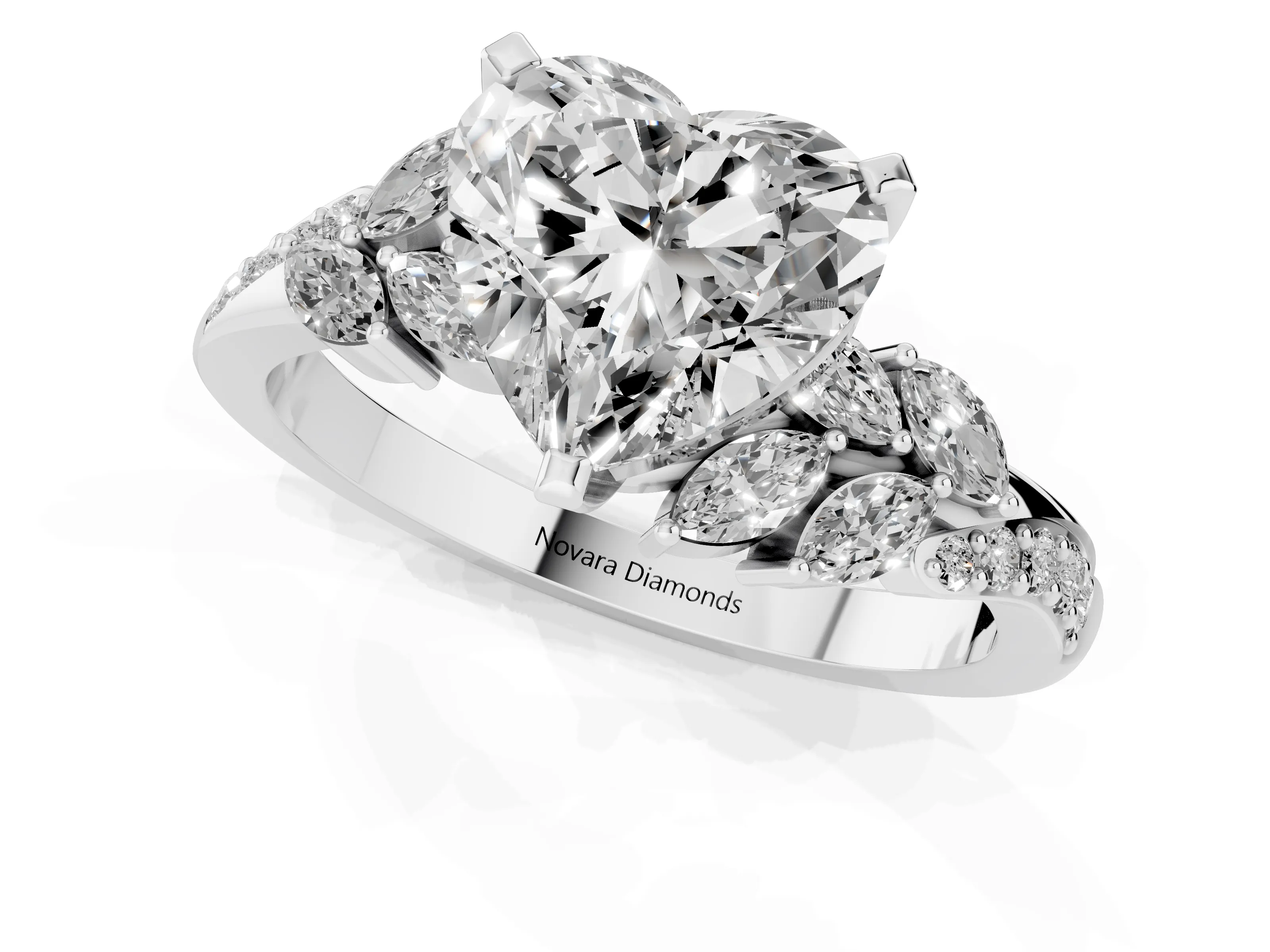 Heart Cut Diamond Solitaire Ring Set in White gold with Marquise Twist Band and Prong Setting