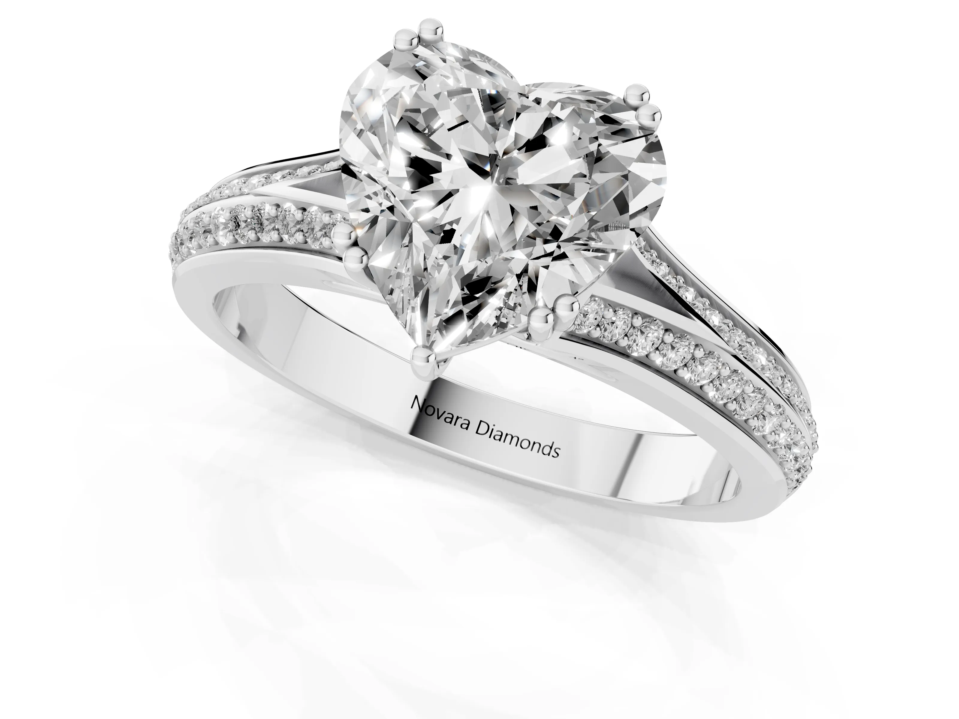 Heart Cut Diamond Split Shank Pavé Engagement Ring Set in White gold with Prong-Set Center Stone