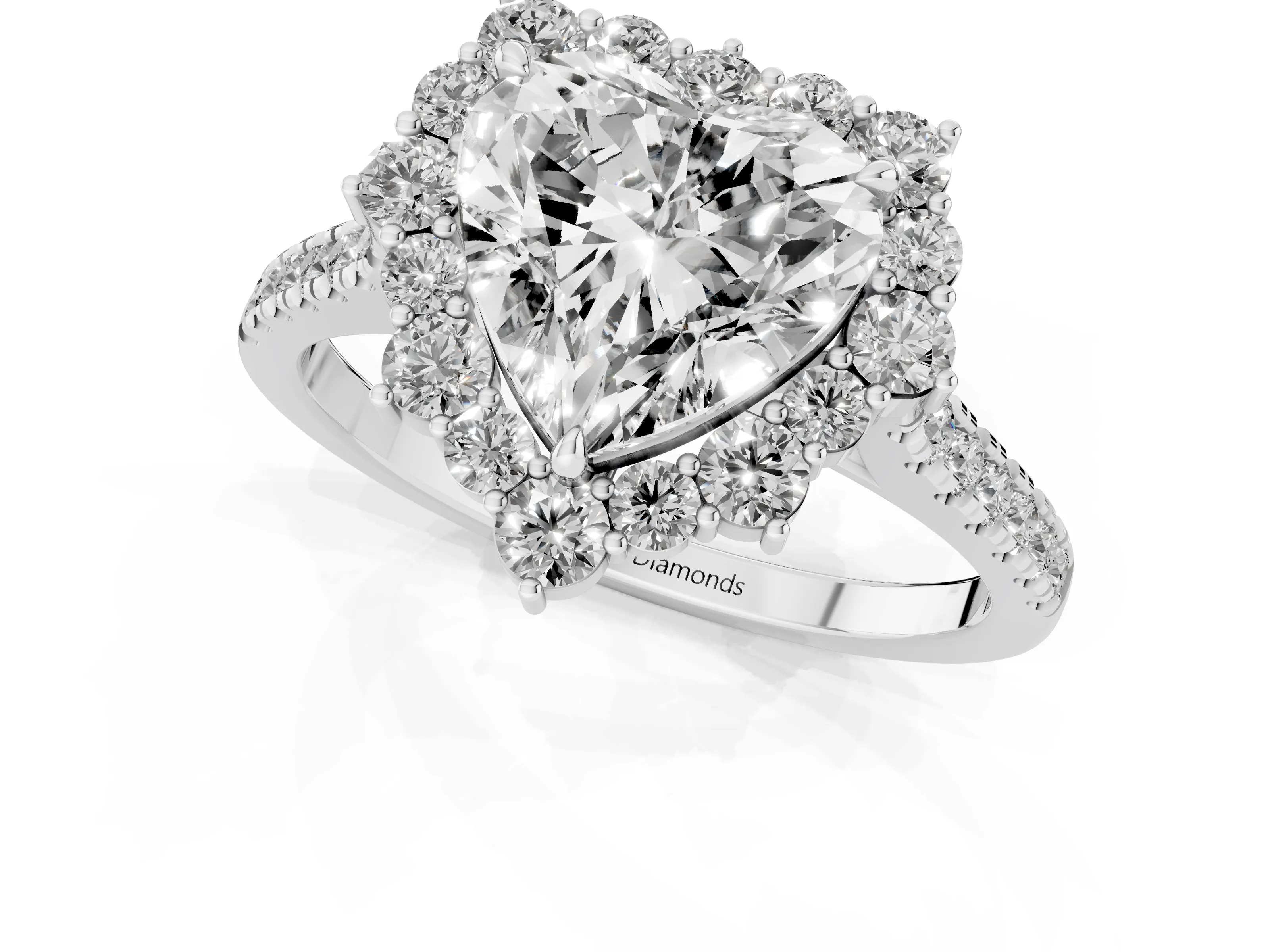 Heart Cut Diamond Halo Ring Set in Silver with Pavé Band and Prong Setting