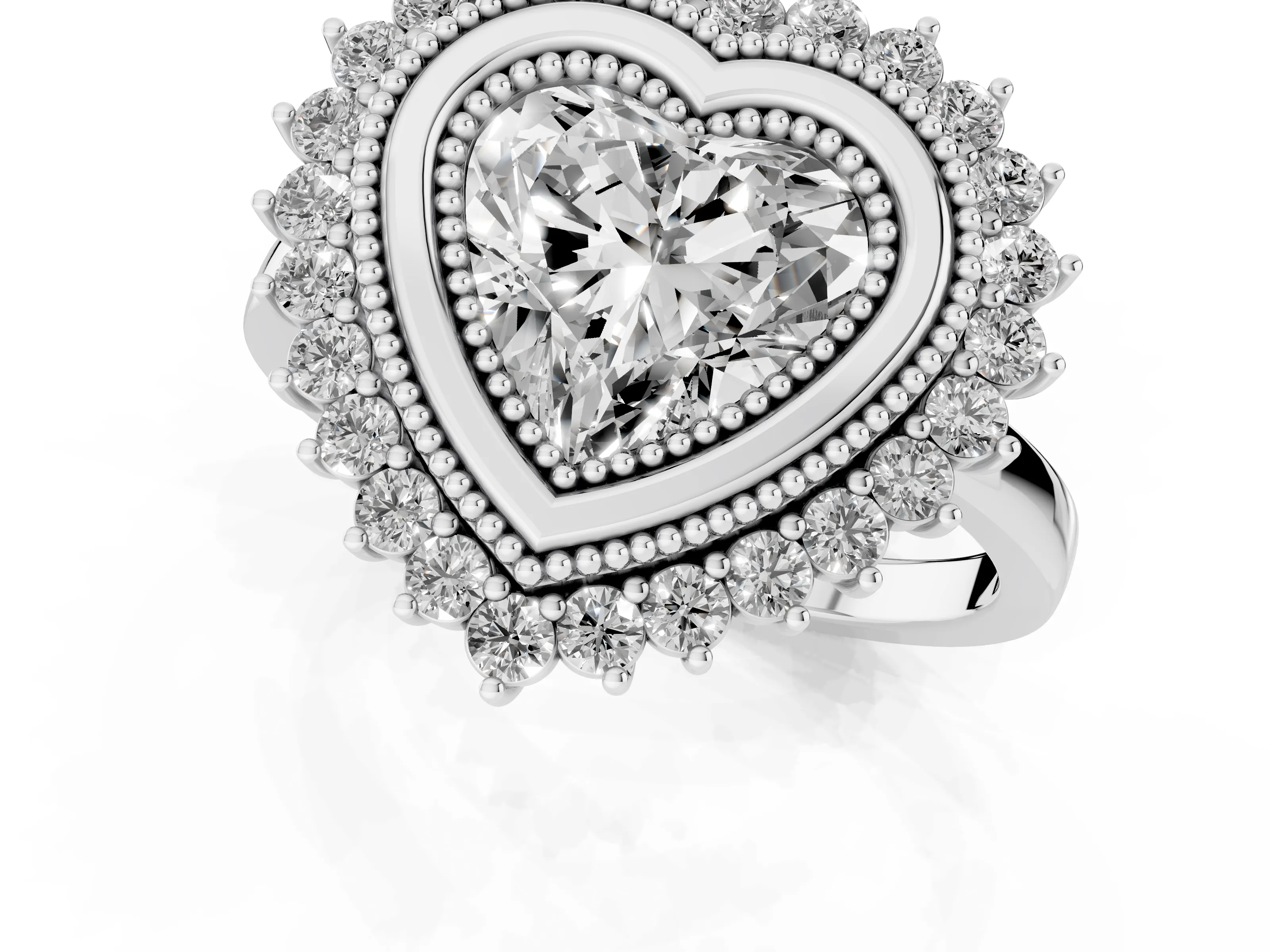 Heart Cut Diamond Halo Ring Set in White gold with Milgrain Edge and Round Prong Setting