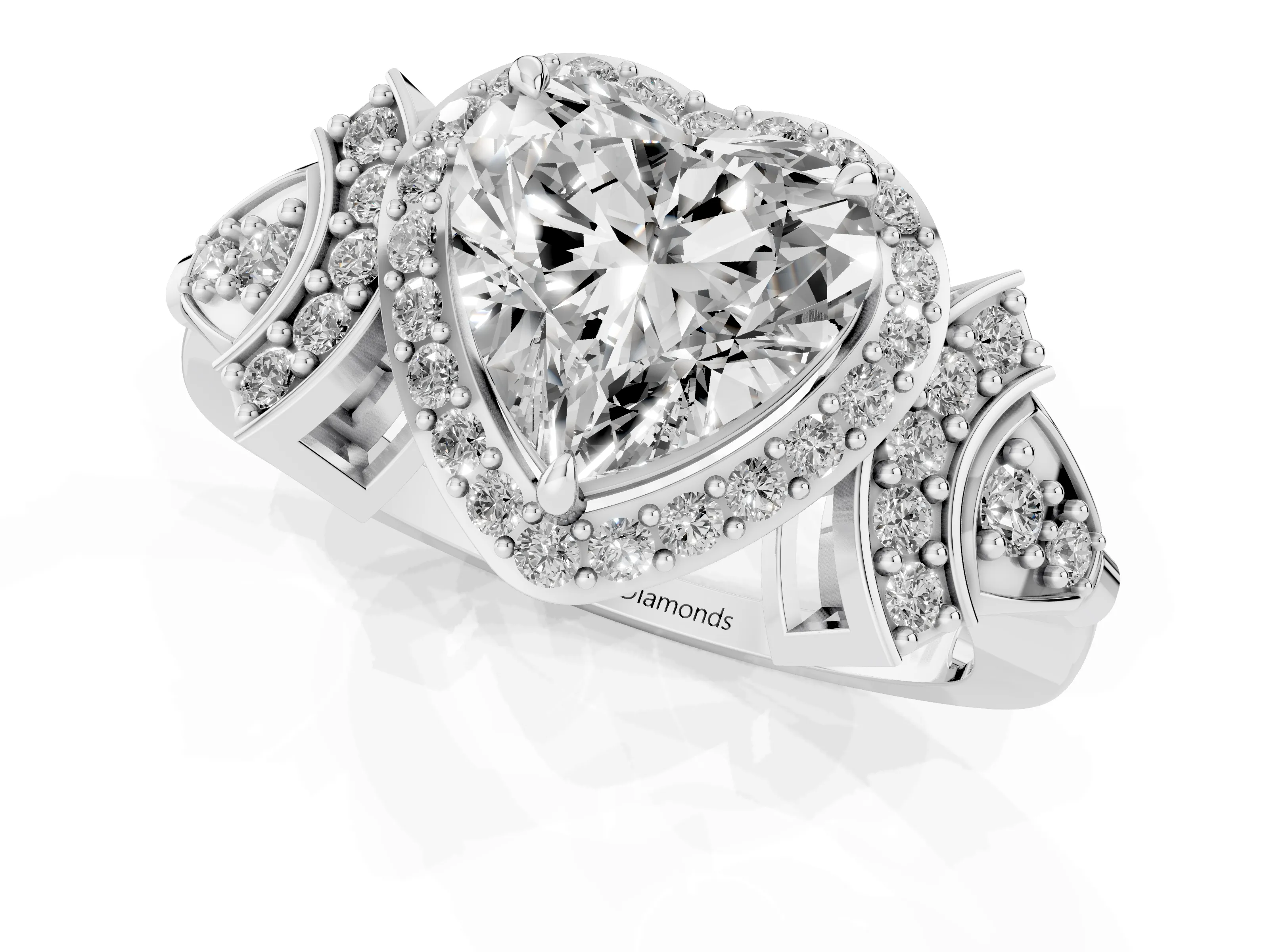 Heart Cut Diamond Halo Engagement Ring Set in Silver with Accent Stone Split Shank