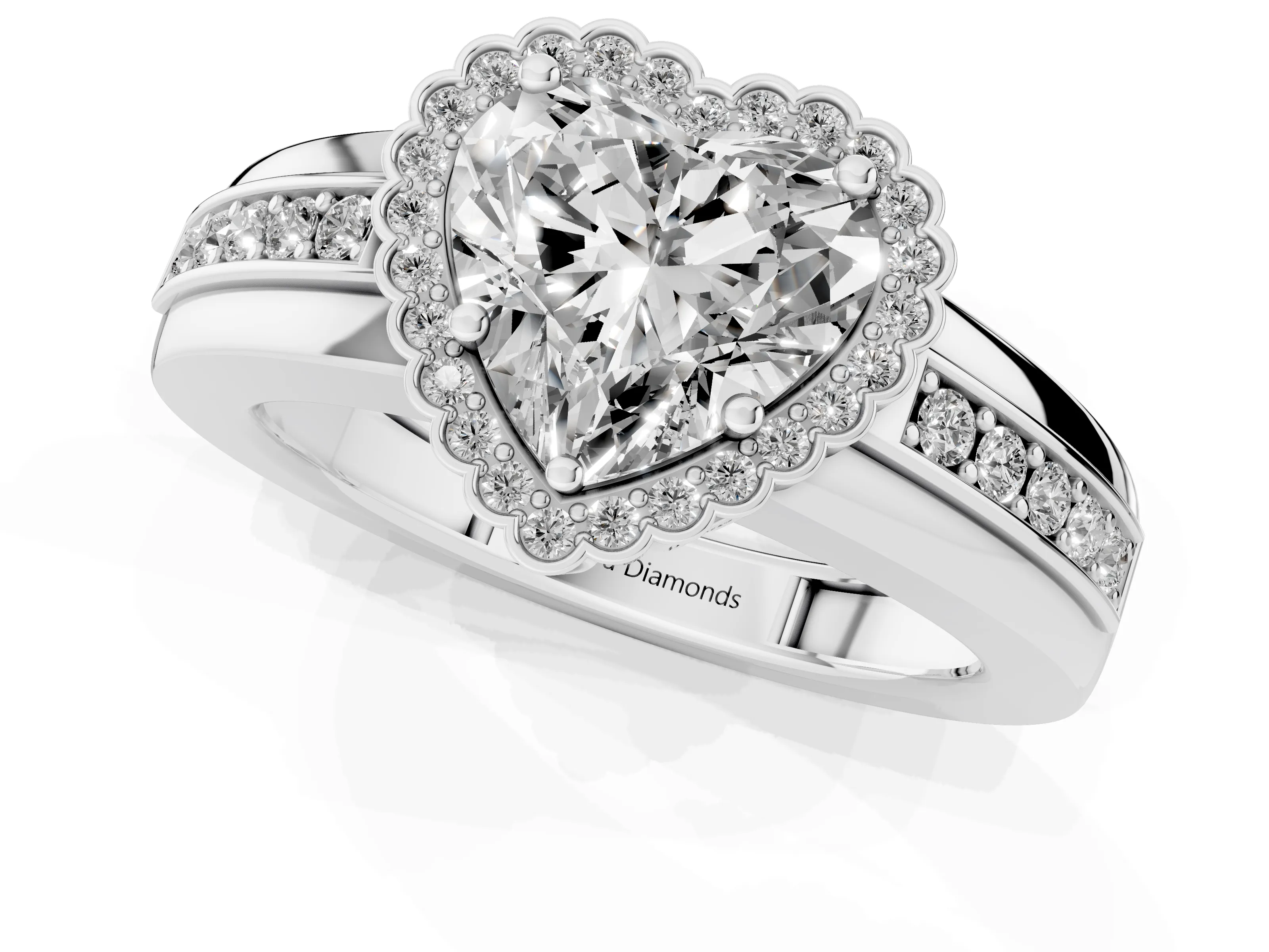 Heart Cut Diamond Halo Prong Ring Set in Platinum with Pavé Band – second view