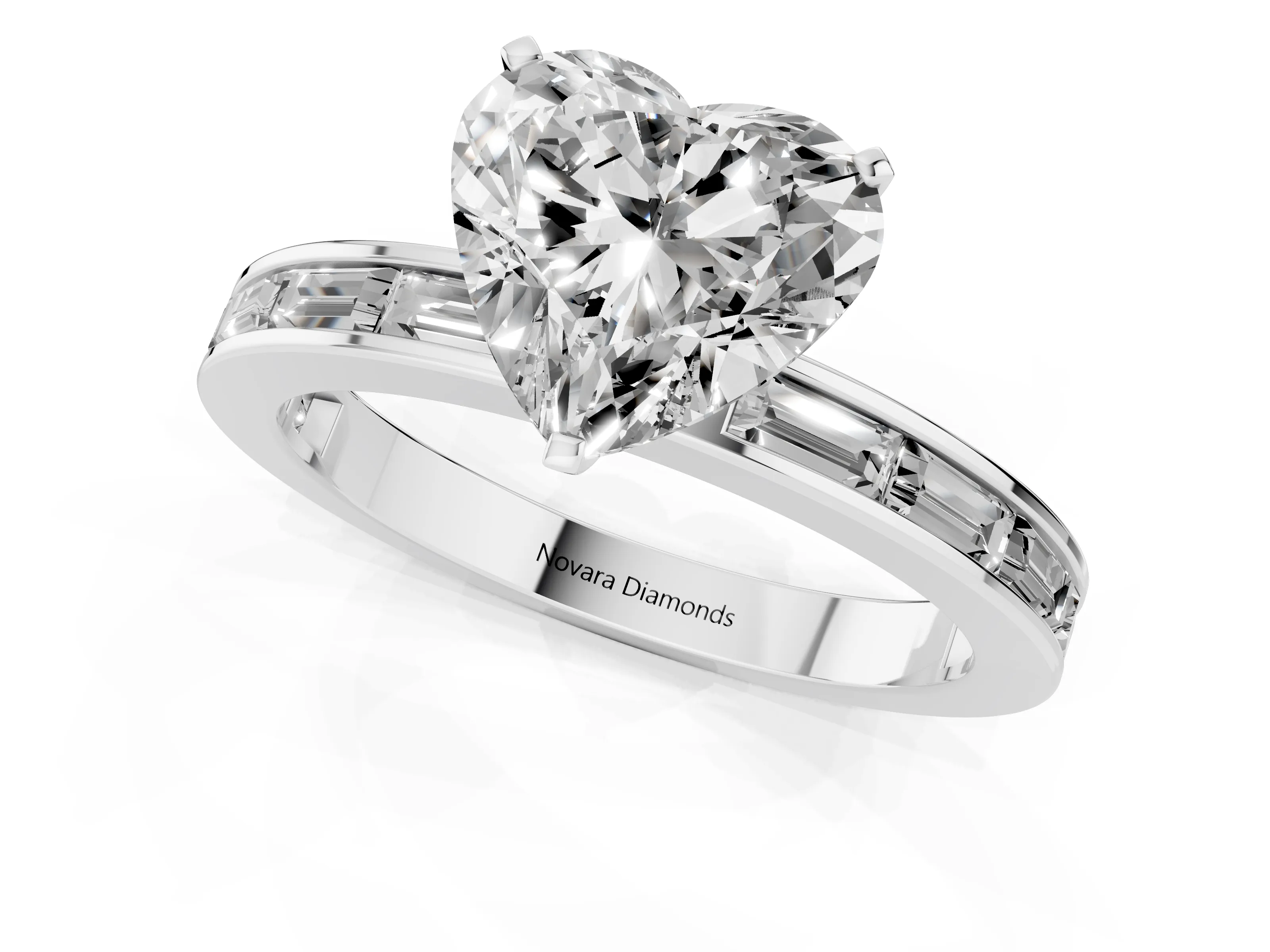 Heart Cut Diamond Solitaire Ring Set in White gold with Channel-Set Baguette Band and Prong Setting