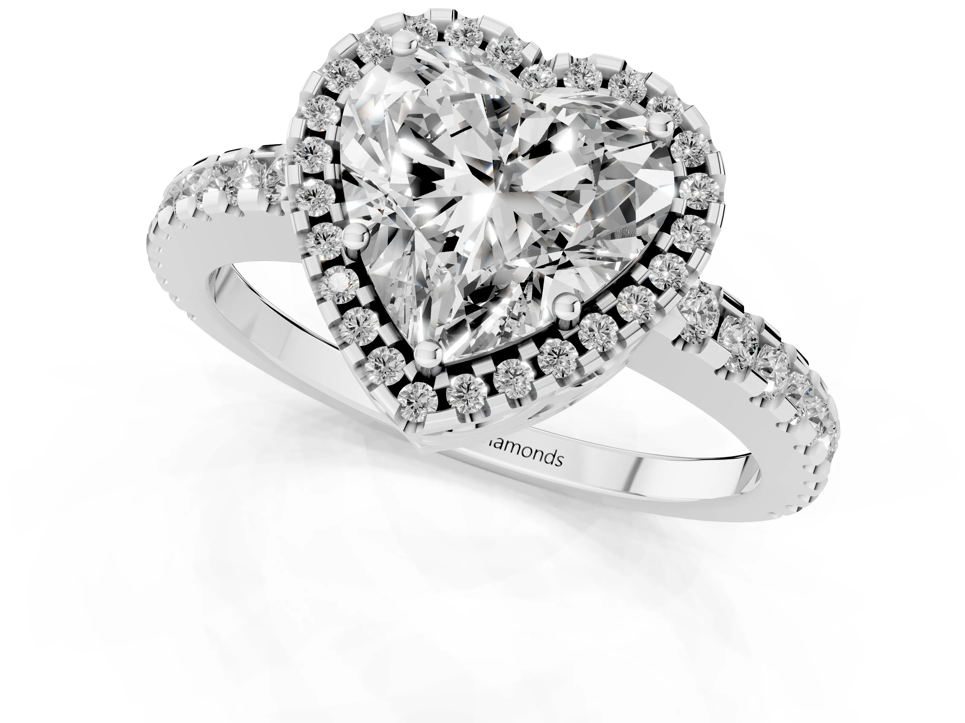 Heart Cut Diamond Halo Ring Set in Platinum with Pavé Shoulders and Halo-Framed Center