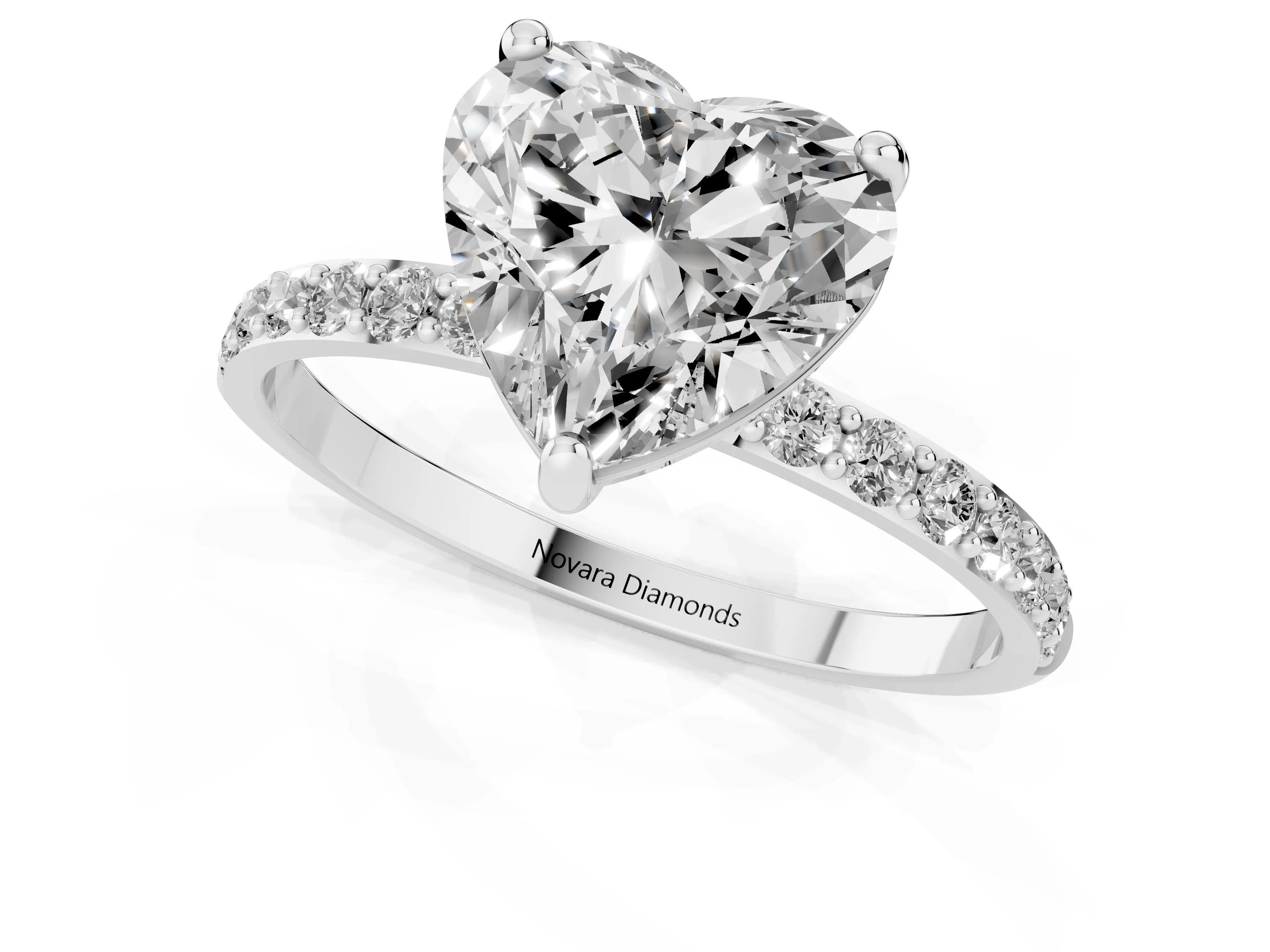 Heart Cut Diamond Solitaire Ring Set in Silver with Round Pavé Band and Prong Setting