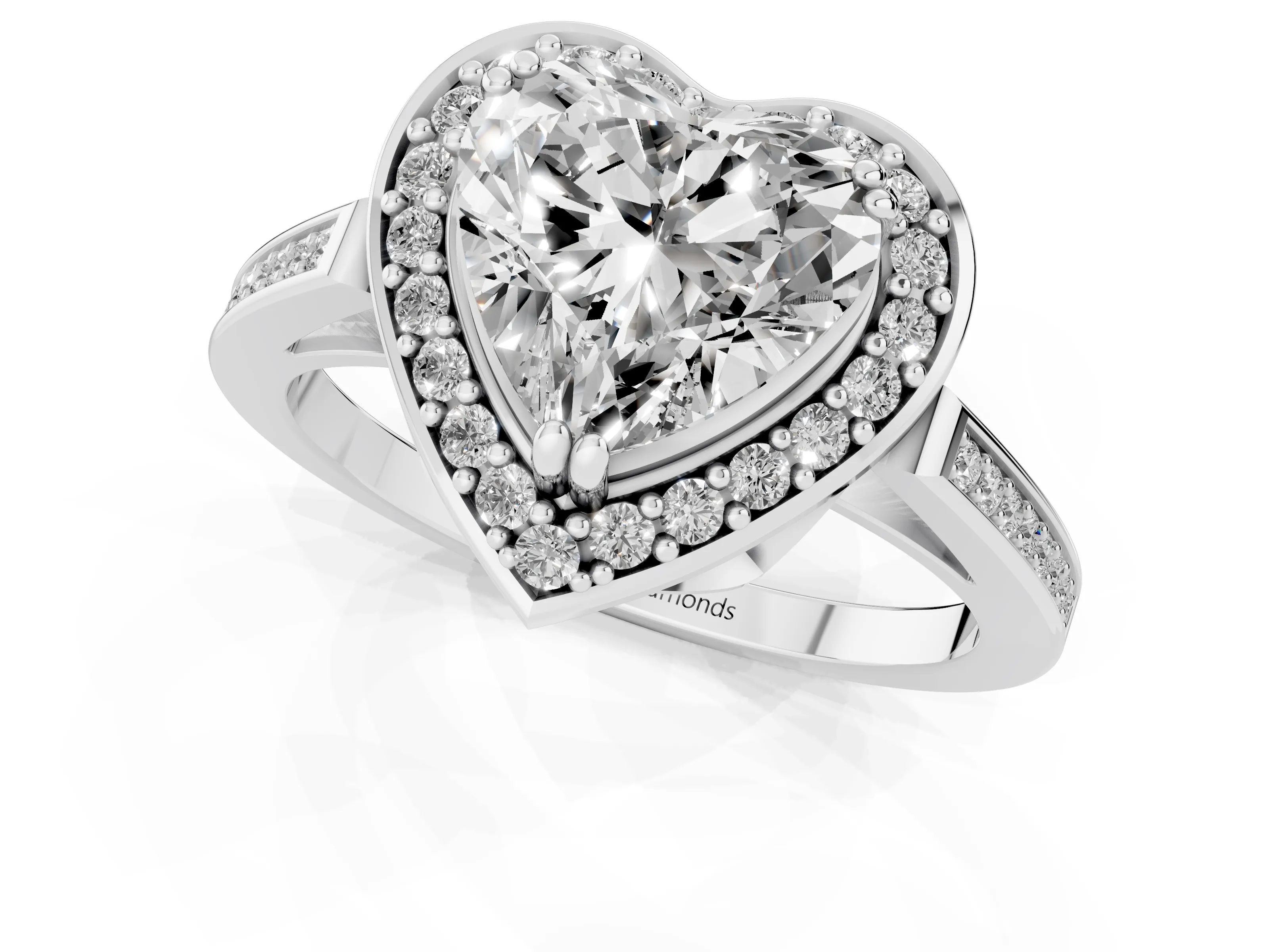 Heart Cut Diamond Halo Ring Set in White gold with Accent-Lined Split Shank and Prong Setting