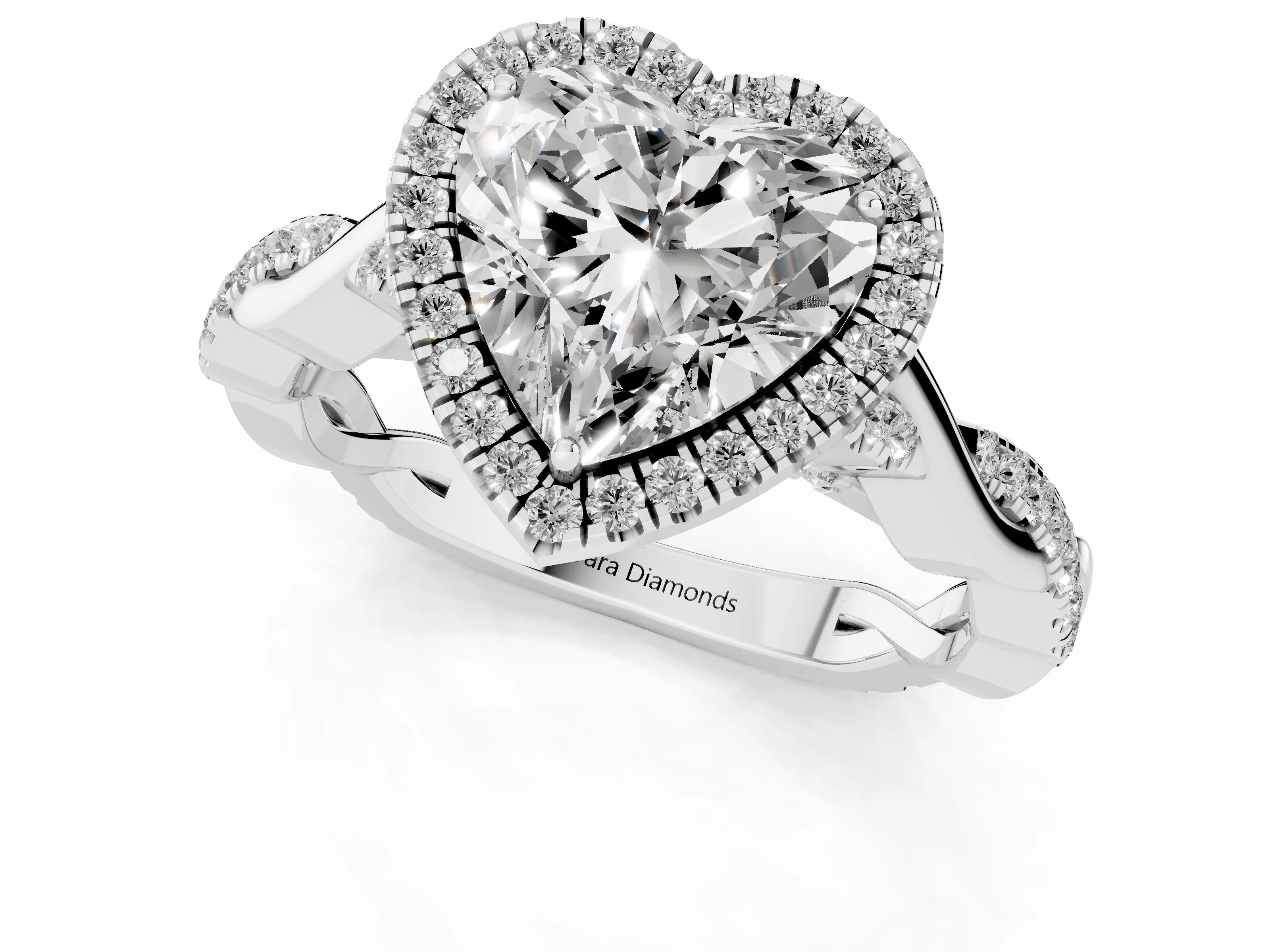 Heart Cut Diamond Halo Twist Band Solitaire Ring Set in Silver with Prong Setting
