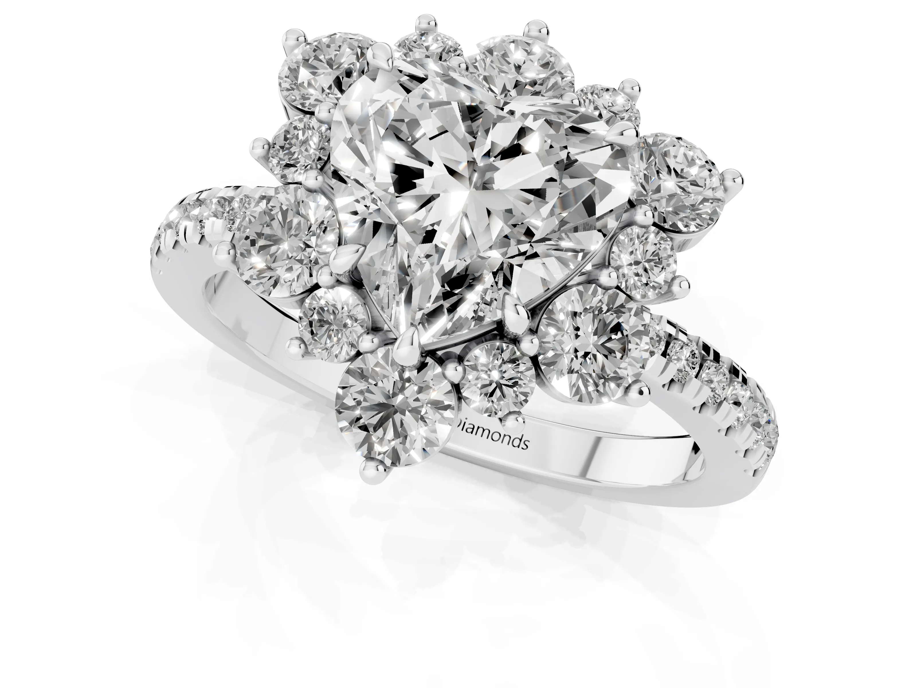 Heart Cut Diamond Floral Halo Ring Set in Platinum with Round Pavé Band and Prong Setting