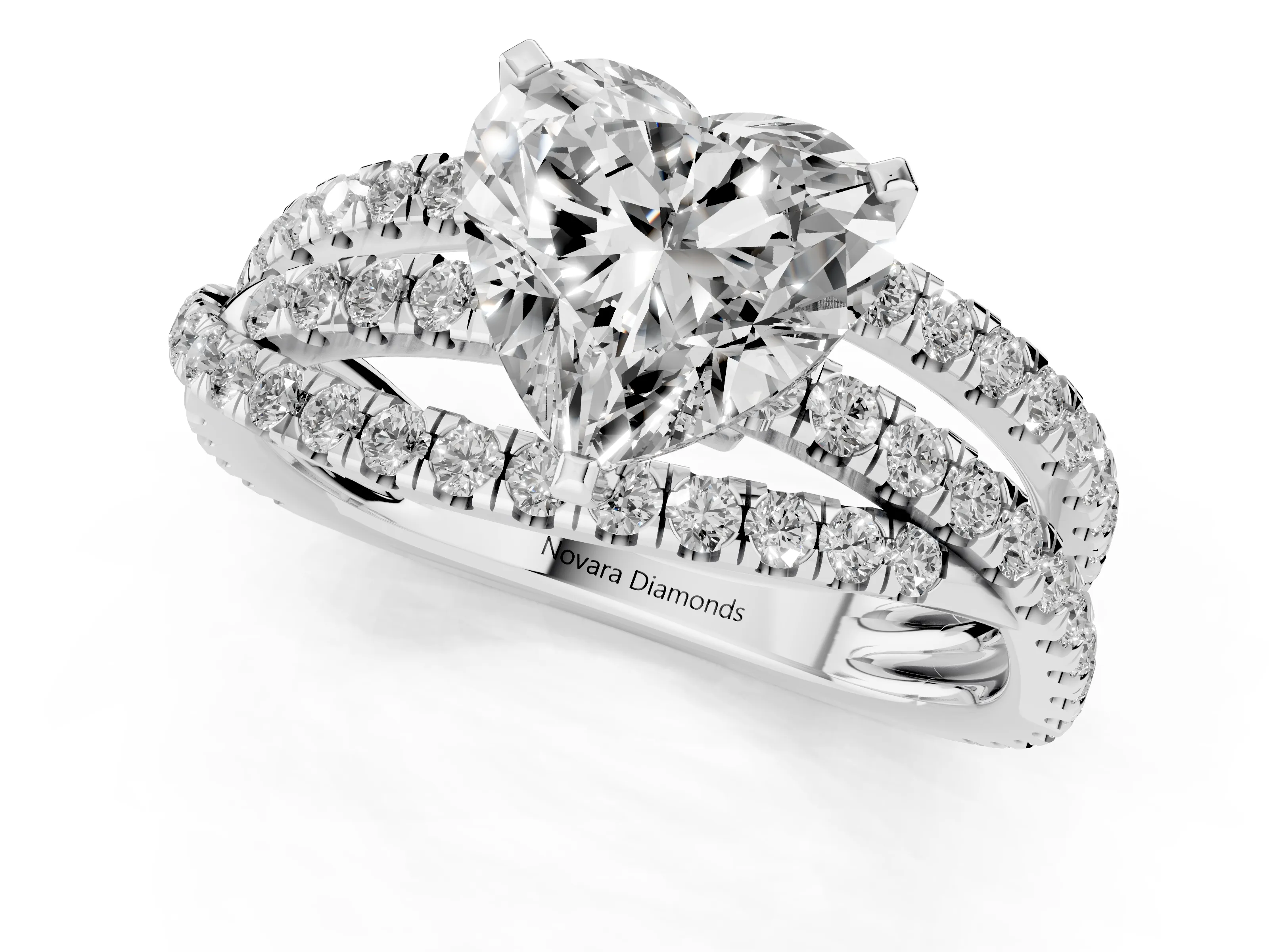 Heart Cut Diamond Solitaire Twist Band Ring Set in White gold with Pavé Setting and Prong Head