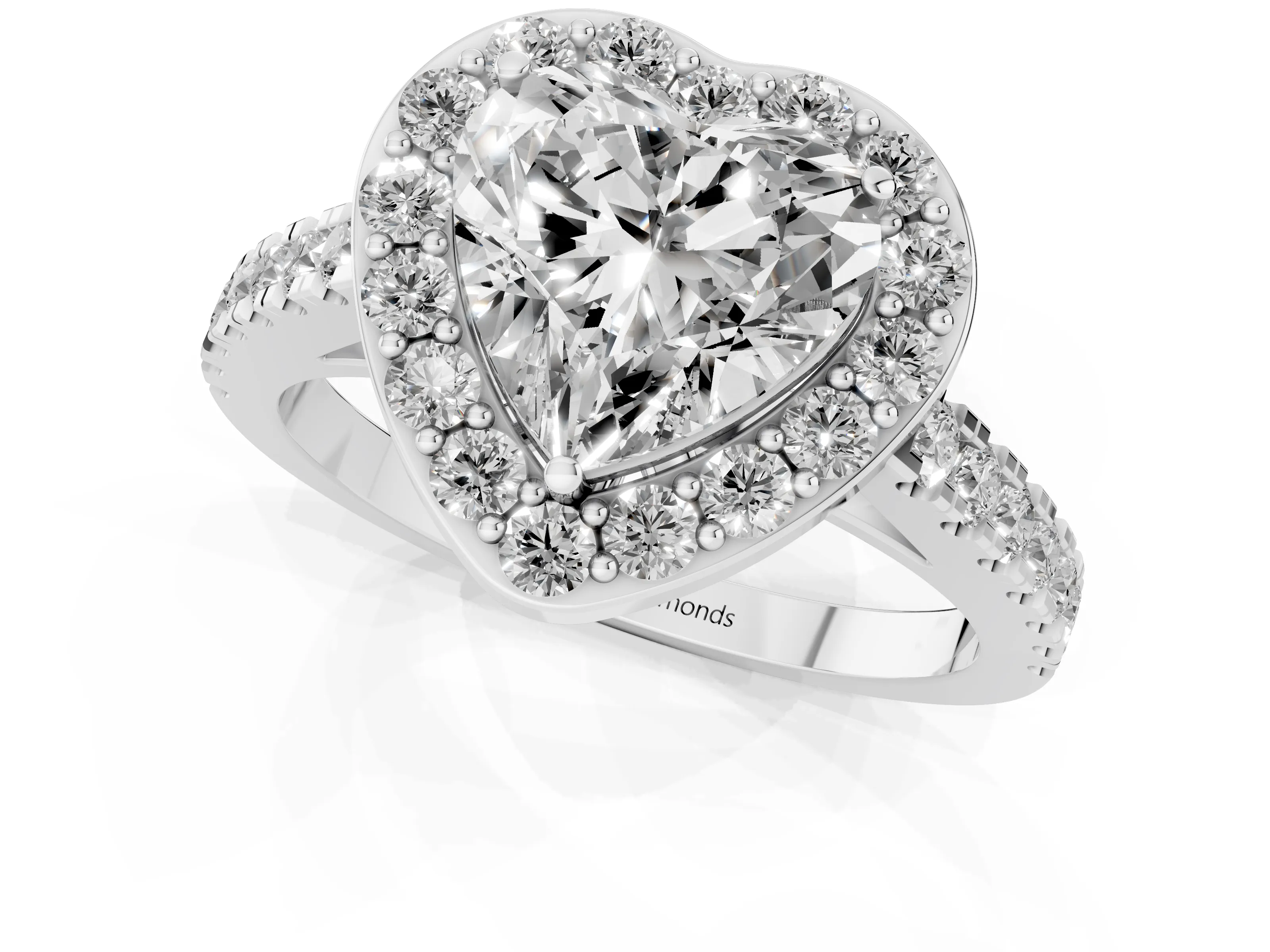 Heart Cut Diamond Halo Ring Set in Silver with Round Pavé Split Shank and Prong Setting