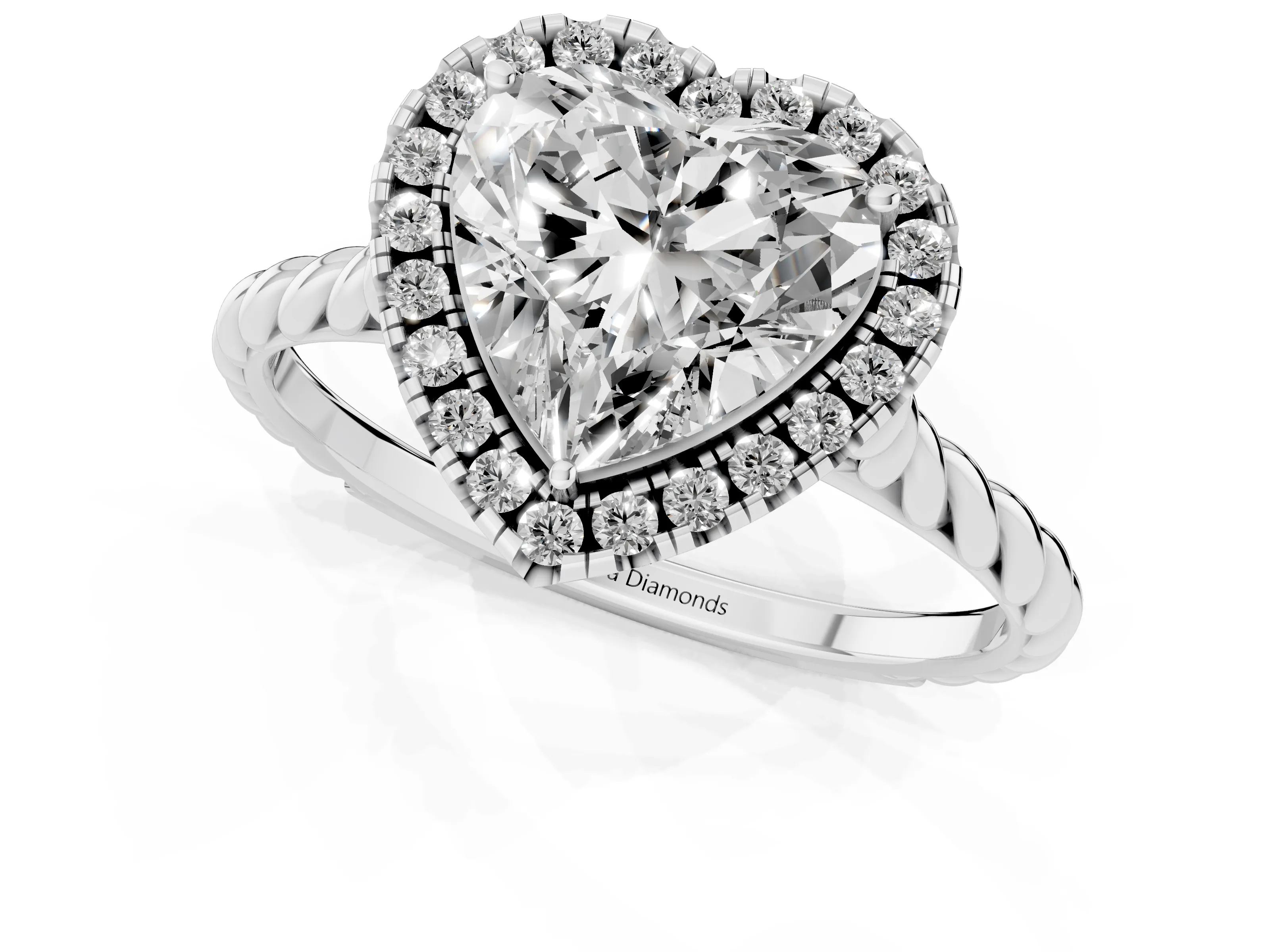 Heart Cut Diamond Halo Ring Set in Silver with Plain Twisted Band