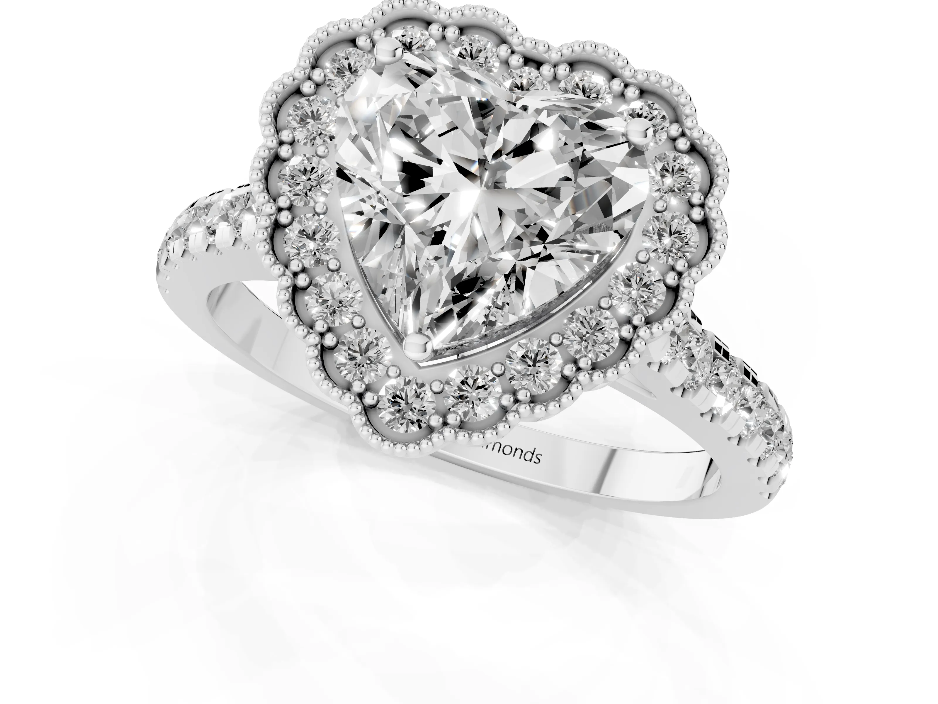 Heart Cut Diamond Milgrain Floral Halo Engagement Ring Set in White gold with Pavé Band