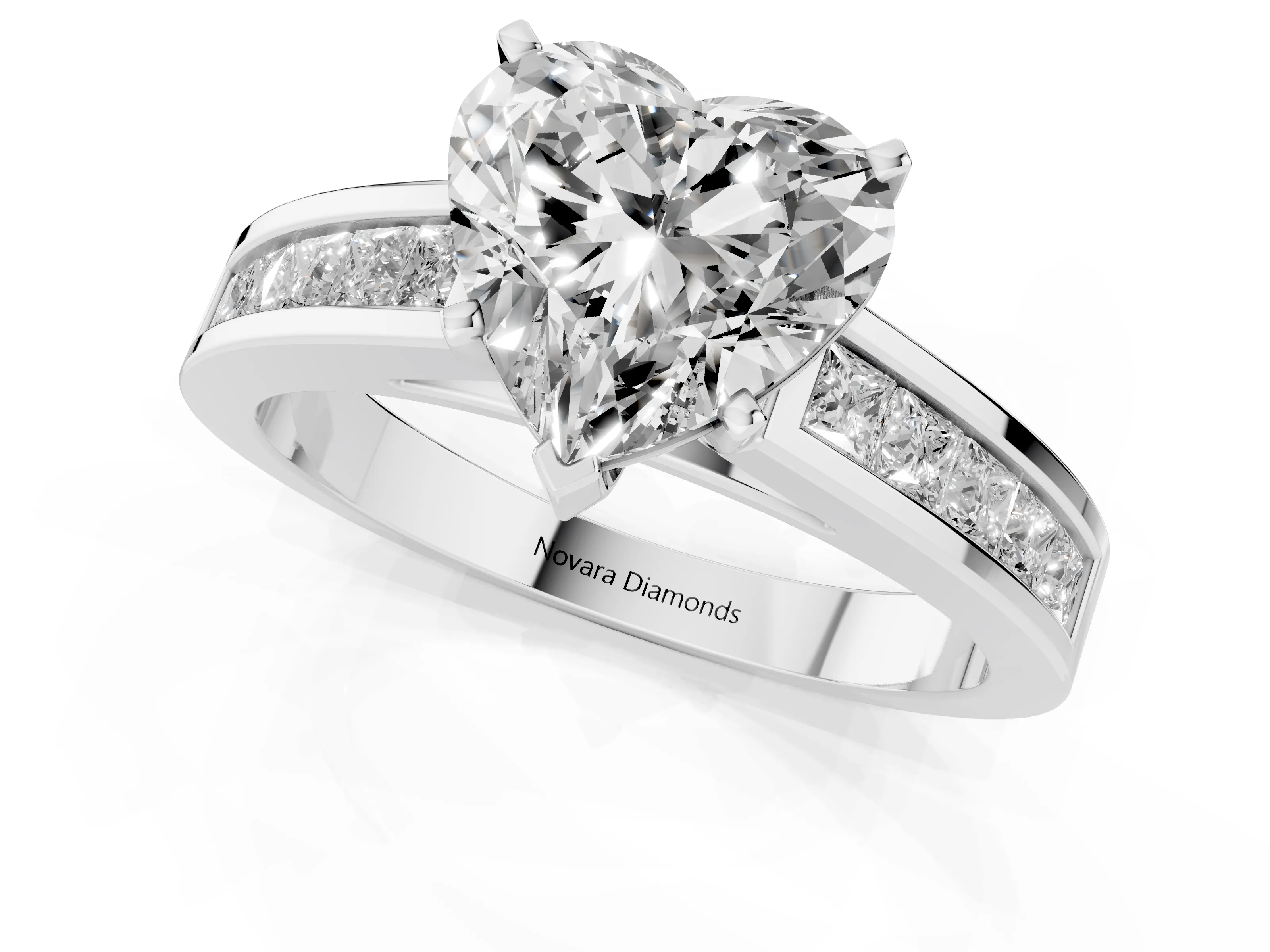 Heart Cut Diamond Solitaire Ring Set in Platinum with Channel-Set Band and Prong Setting