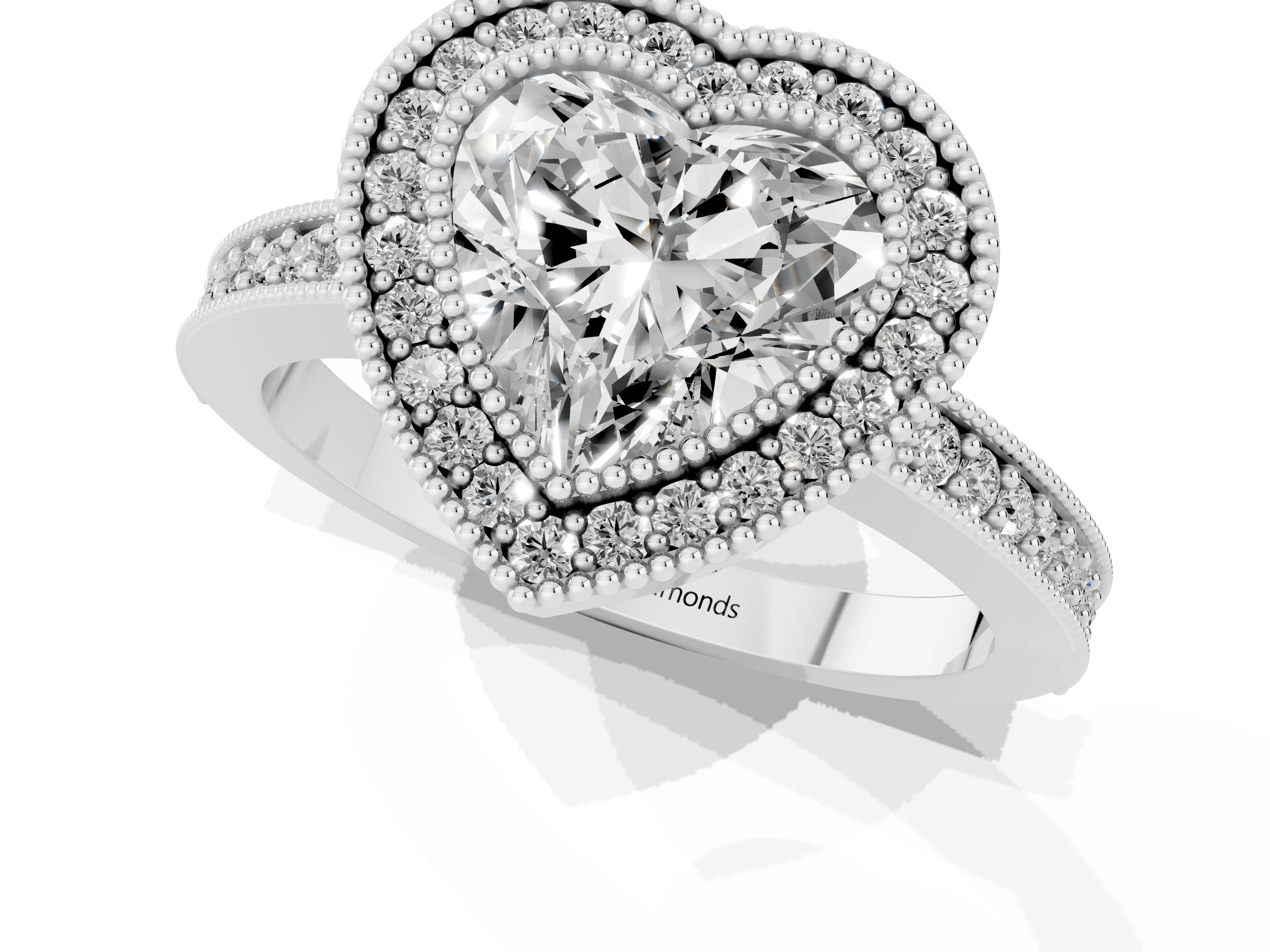 Heart Cut Diamond Halo Engagement Ring Set in Platinum with Pavé Band and Round Halo Stones