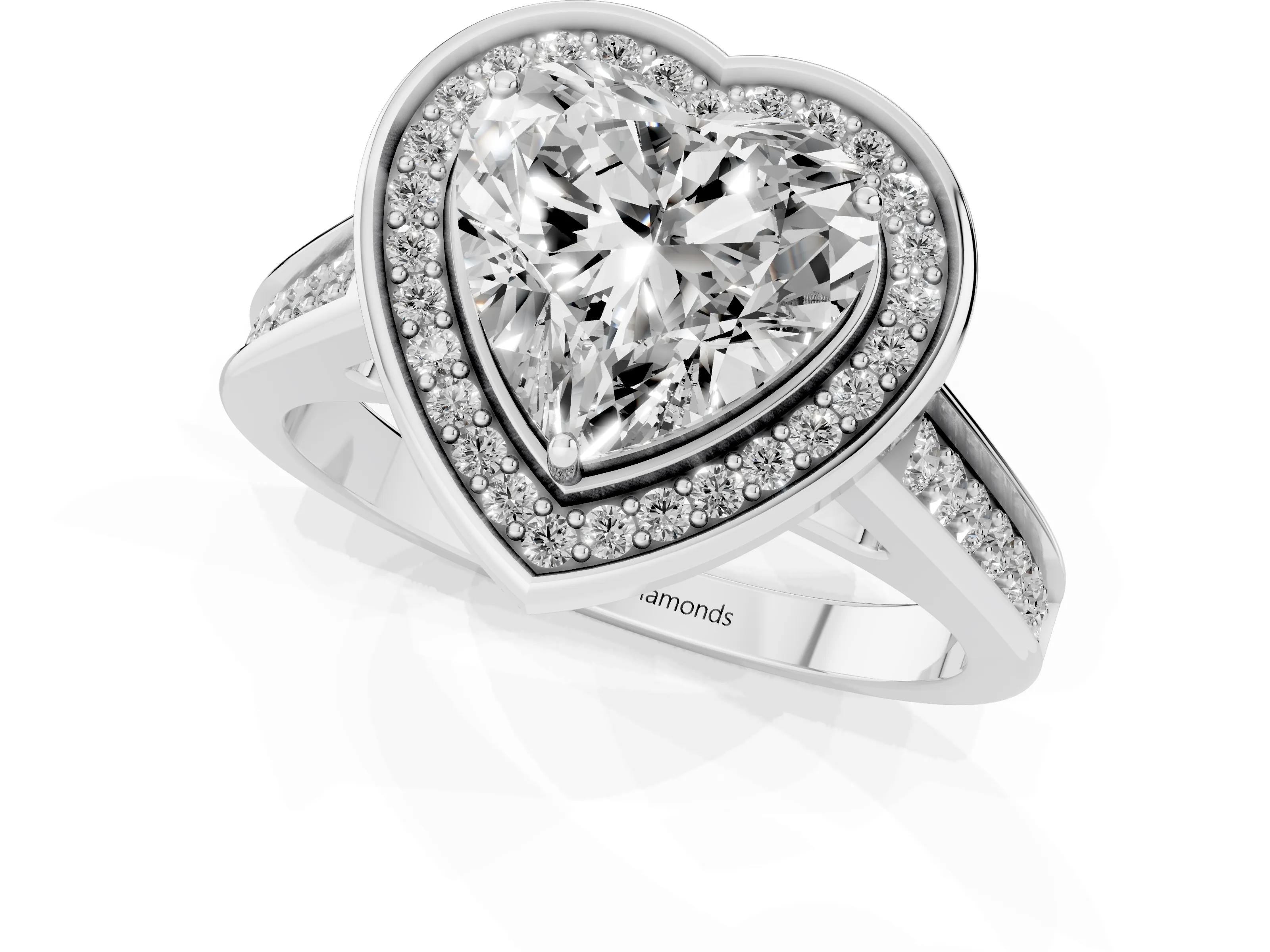 Heart Cut Diamond Halo Solitaire Ring Set in Platinum with Pavé Band and Bezel Setting