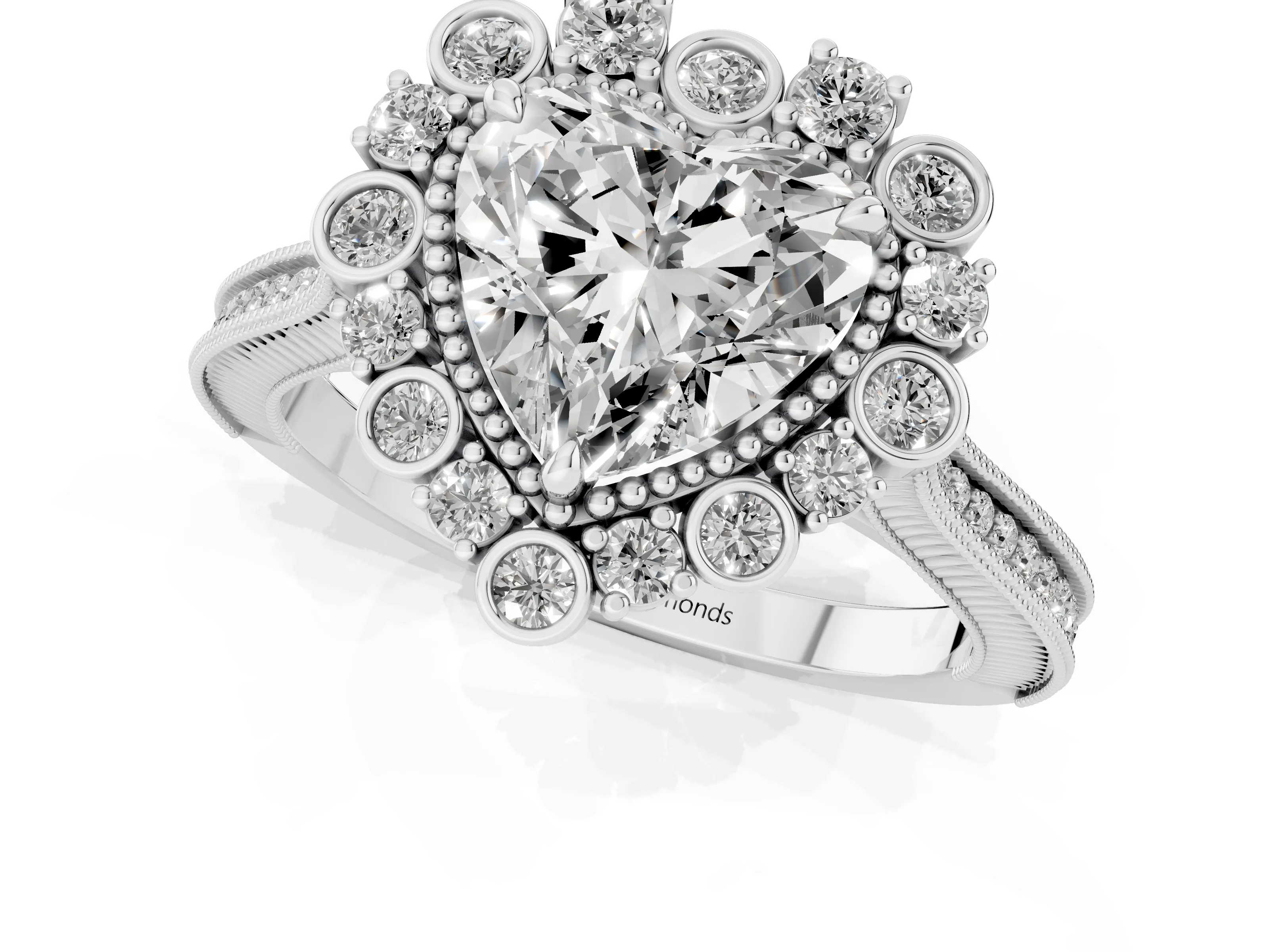 Heart Cut Diamond Halo Milgrain Pavé Ring Set in White gold with Prong Setting