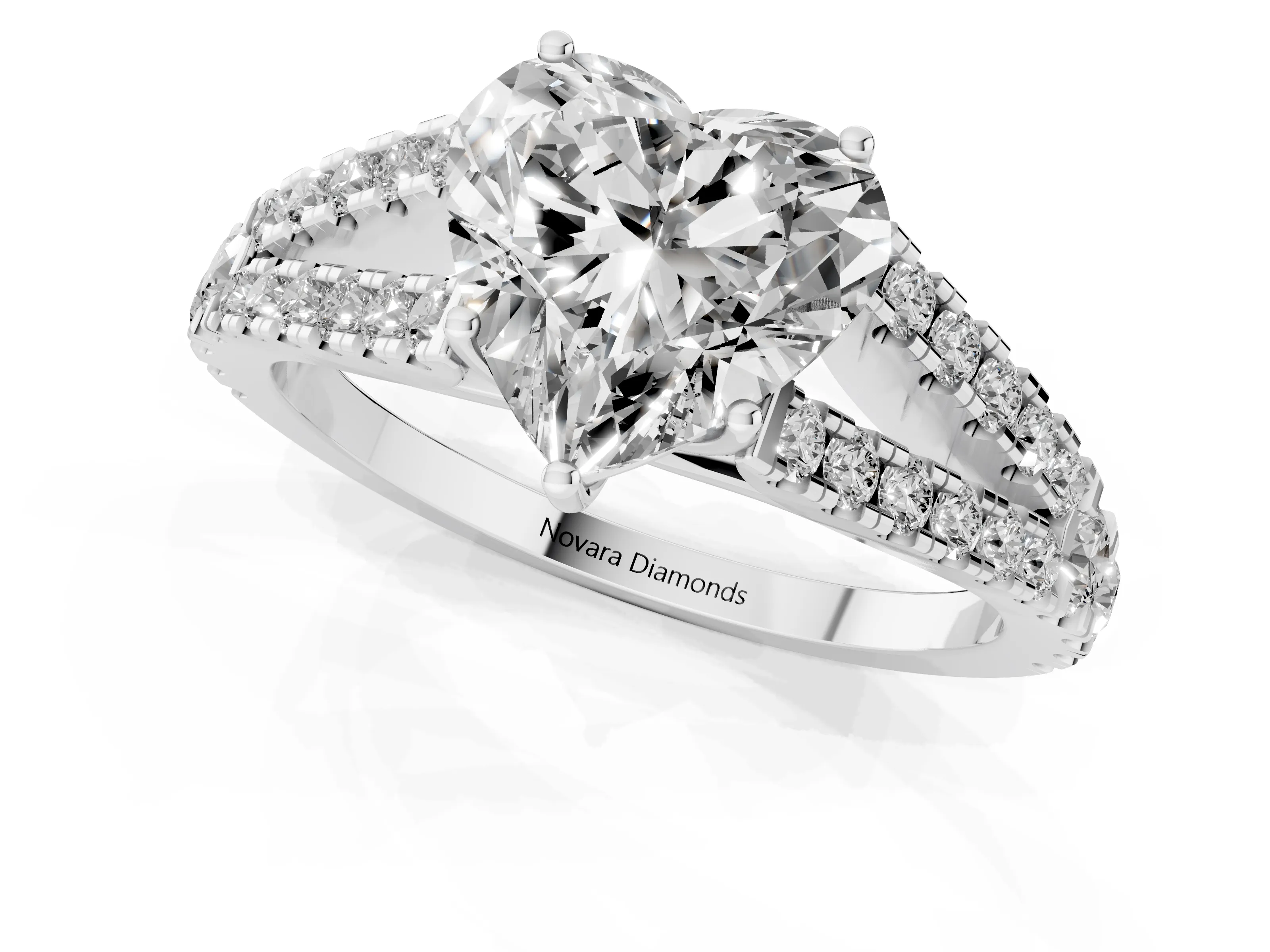 Heart Cut Diamond Split Shank Pavé Engagement Ring Set in Platinum with Prong-Held Center Stone