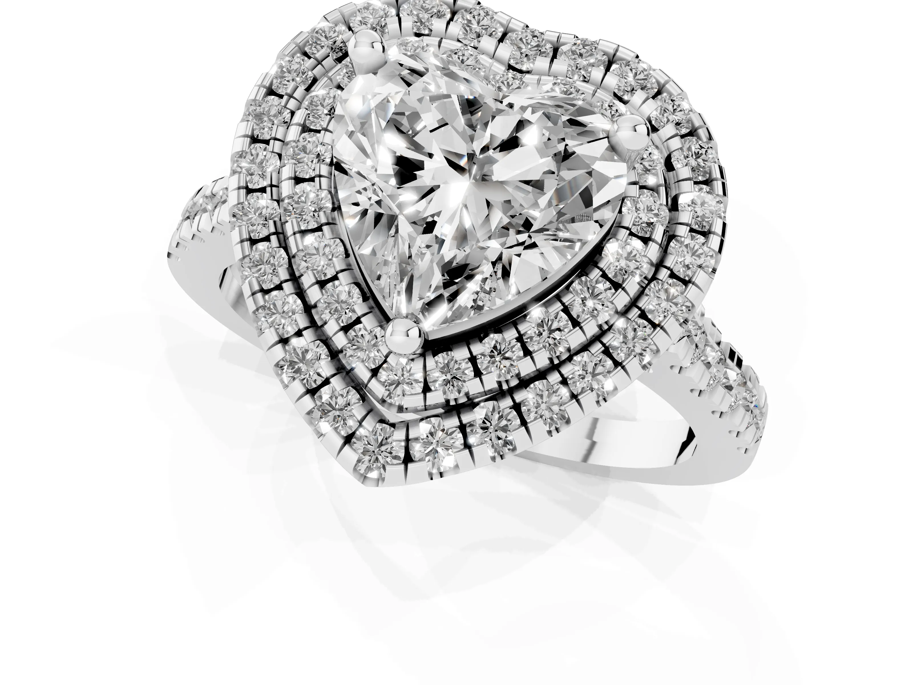 Heart Cut Diamond Double Halo Statement Ring Set in Platinum with Pavé Band