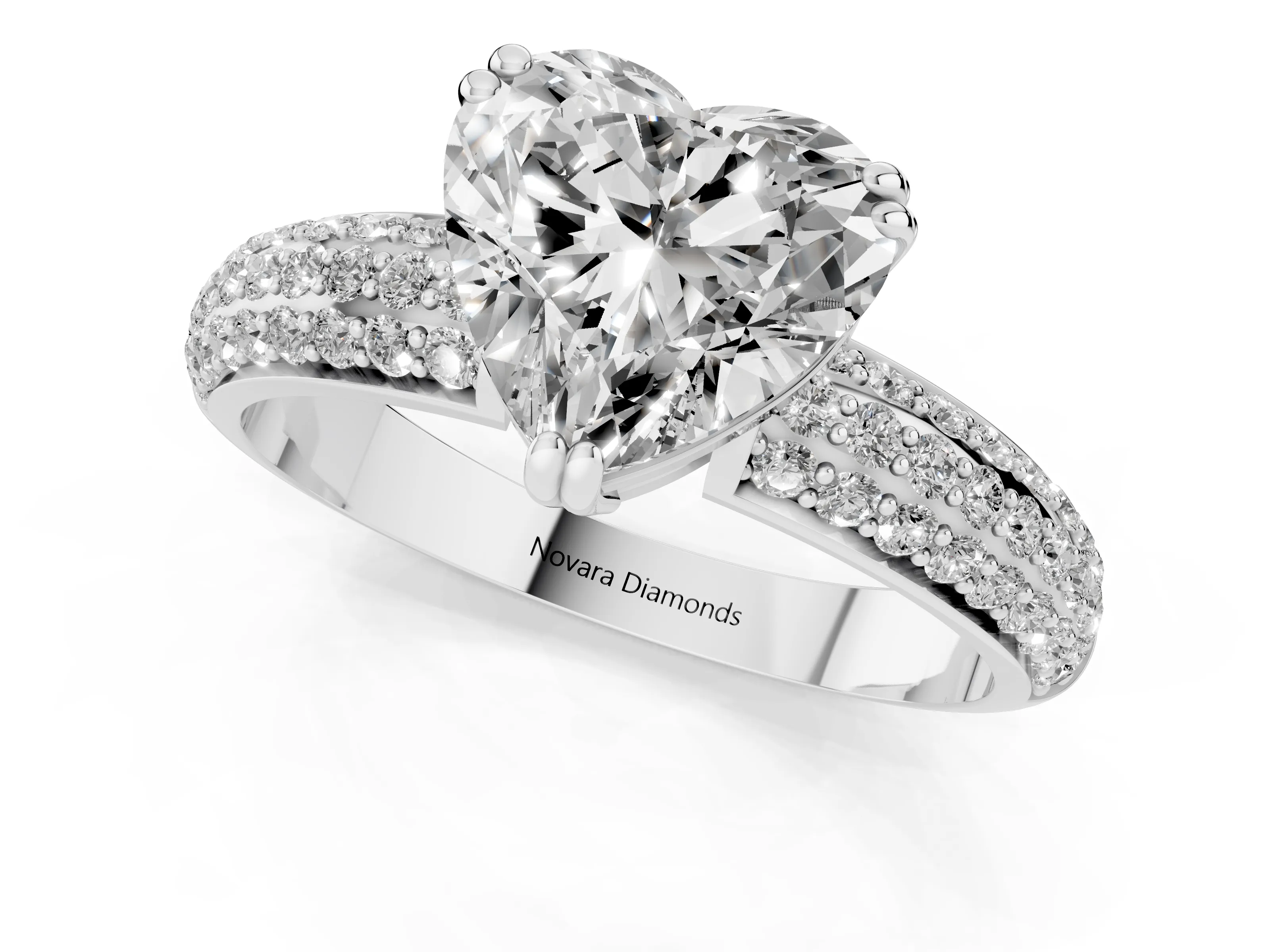 Heart Cut Diamond Solitaire Ring Set in Platinum with Multi-Row Round Pavé Band and Prong Setting