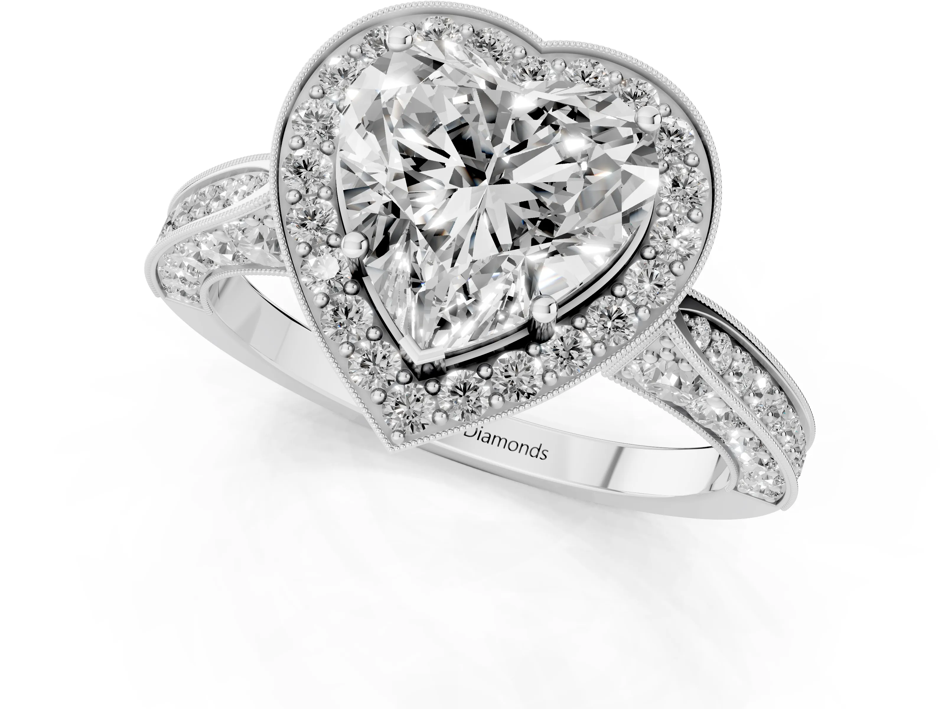 Heart Cut Diamond Halo Engagement Ring Set in Platinum with Accent Split Shank Band
