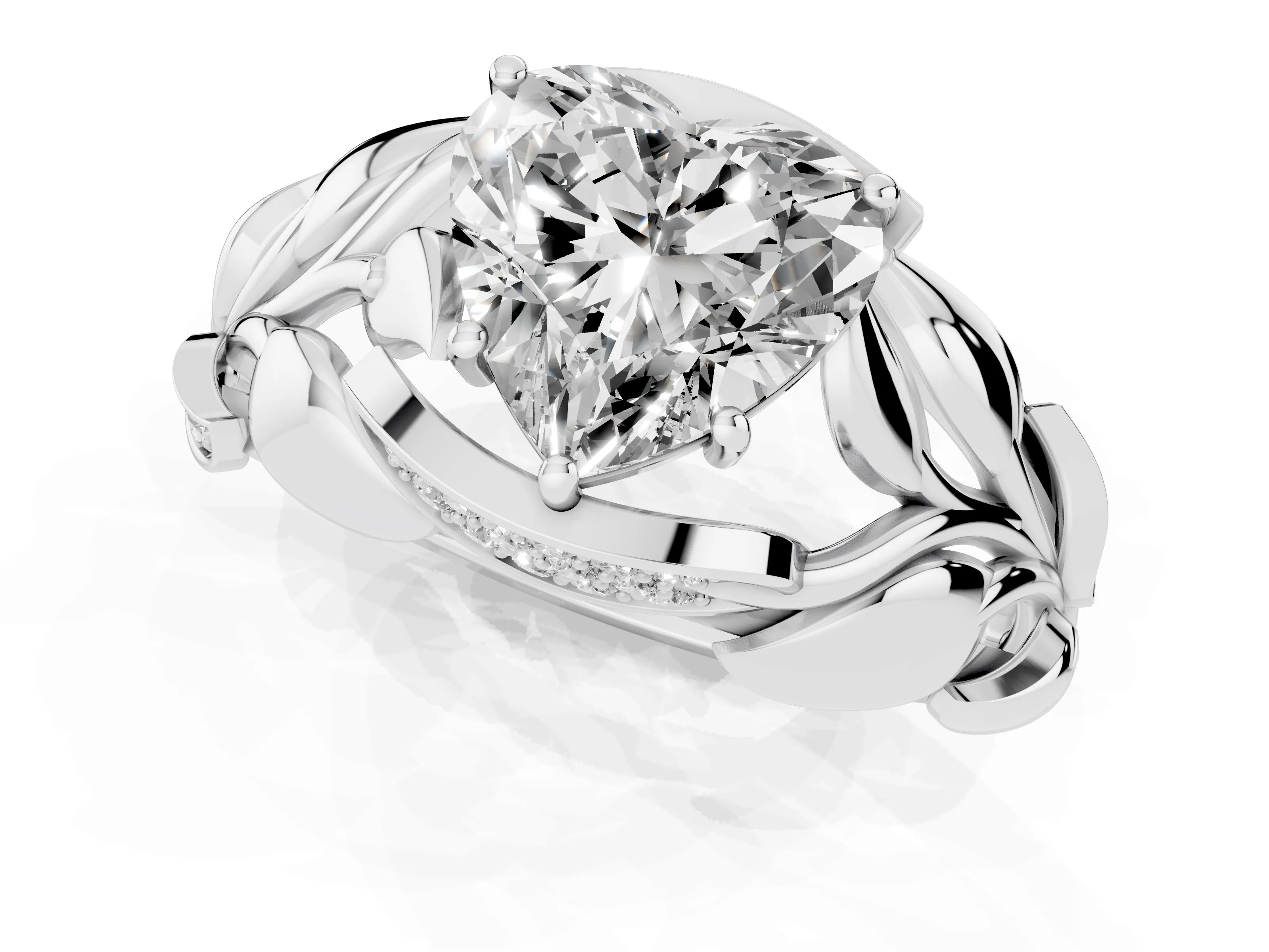 Heart Cut Diamond Leaf-Inspired Engagement Ring Set in Platinum with Round Accents