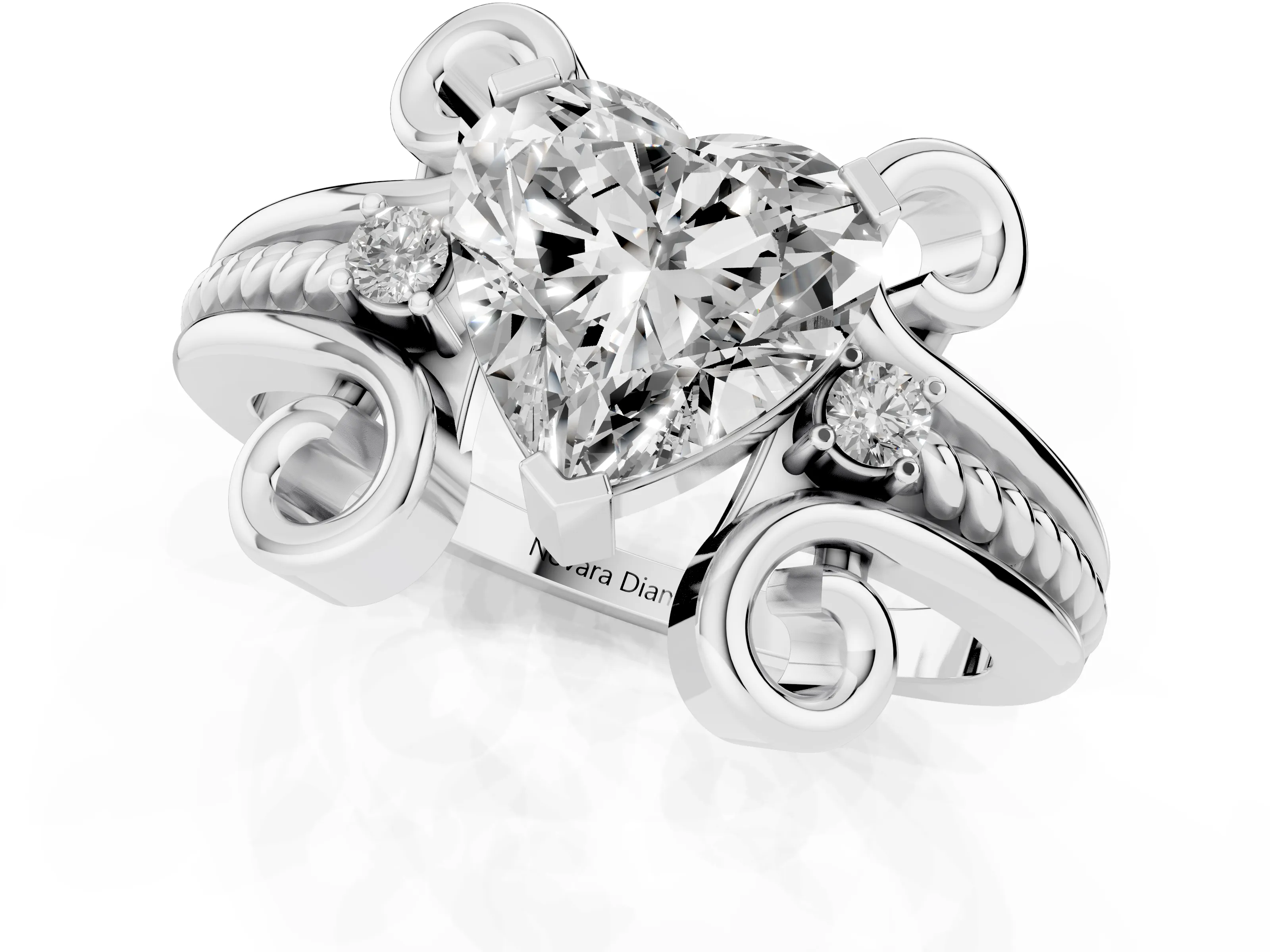 Heart Cut Diamond Twisted Band Solitaire Ring Set in Platinum with Scroll Prongs