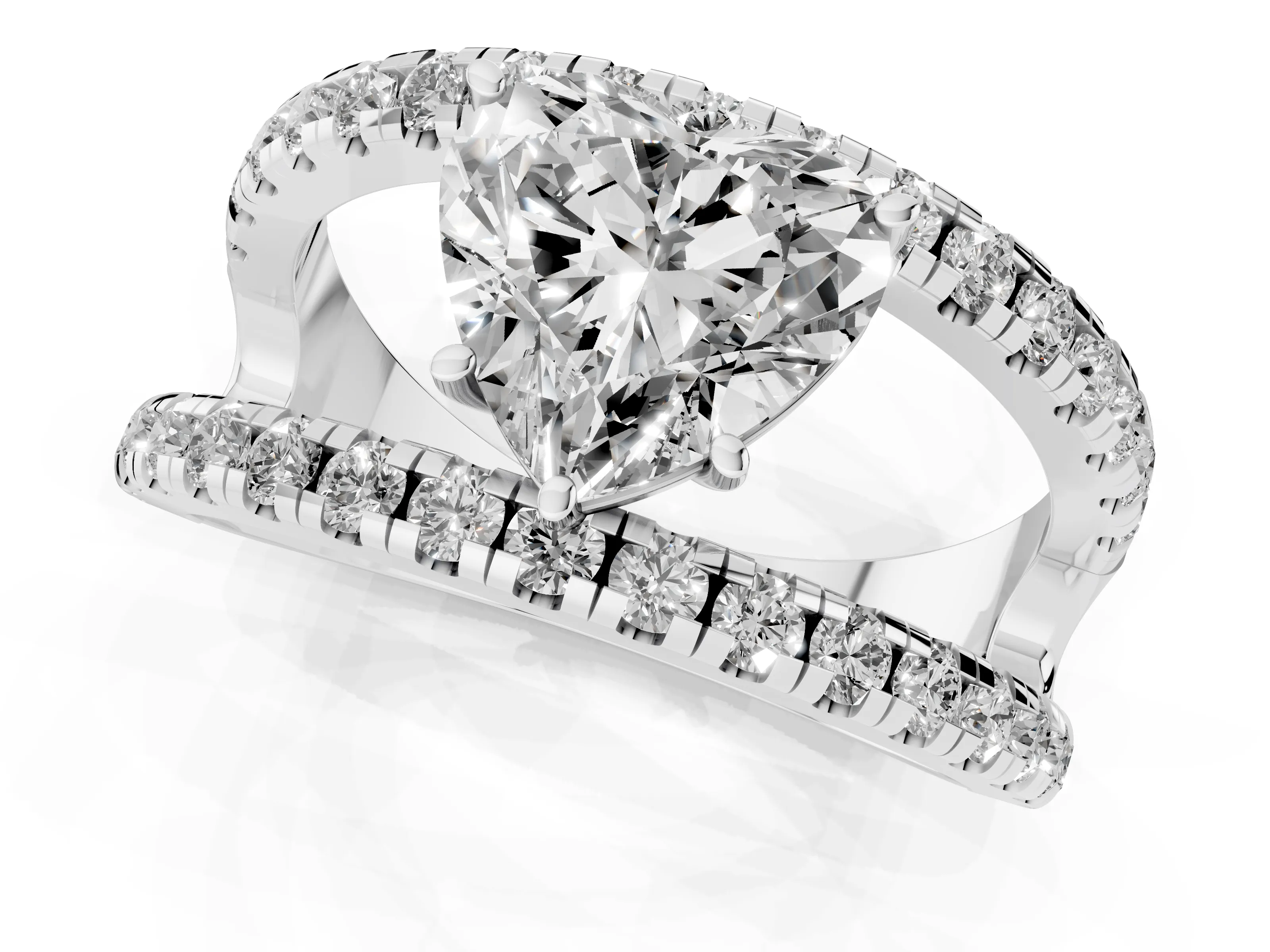 Heart Cut Diamond Split Shank Pavé Solitaire Ring Set in White gold with Open Shank Design