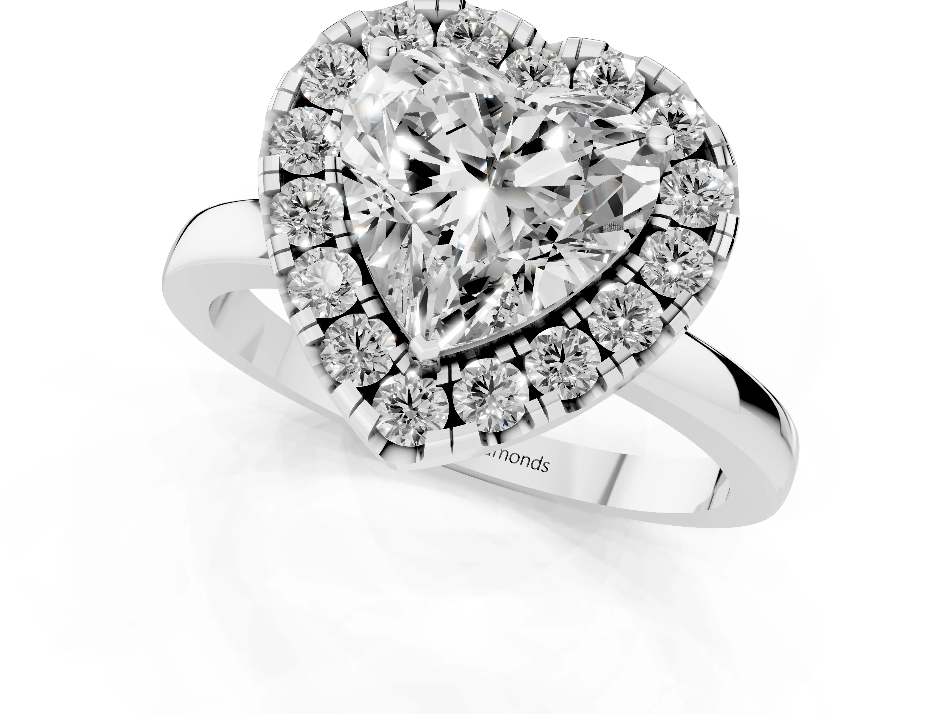 Heart Cut Diamond Halo Solitaire Ring Set in Silver with Pavé Band and Prong Setting