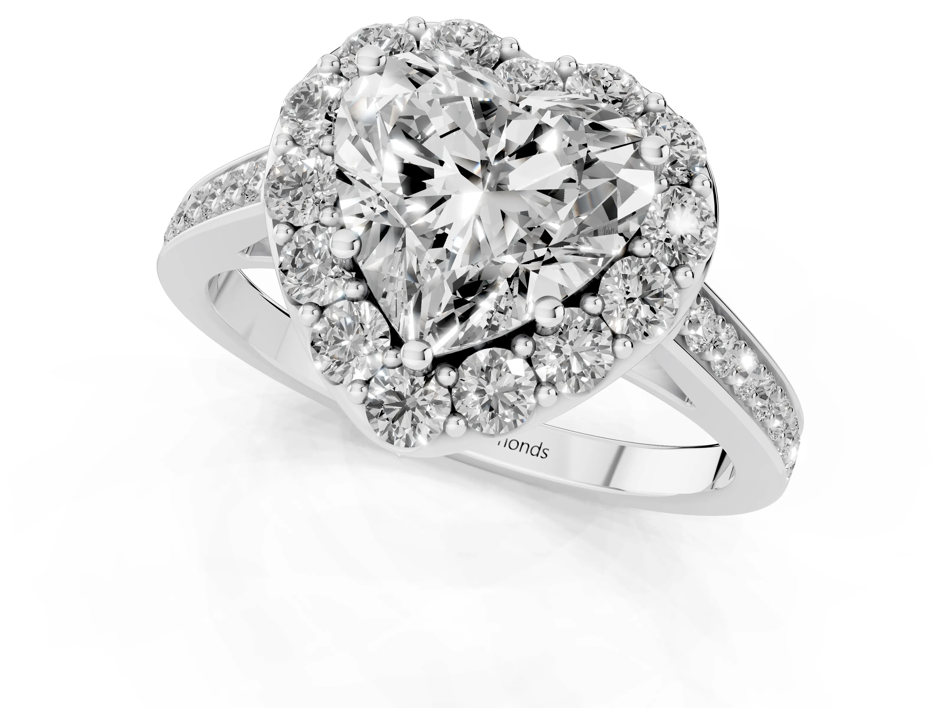 Heart Cut Diamond Floral Halo Ring Set in White gold with Pavé Band and Prong Setting