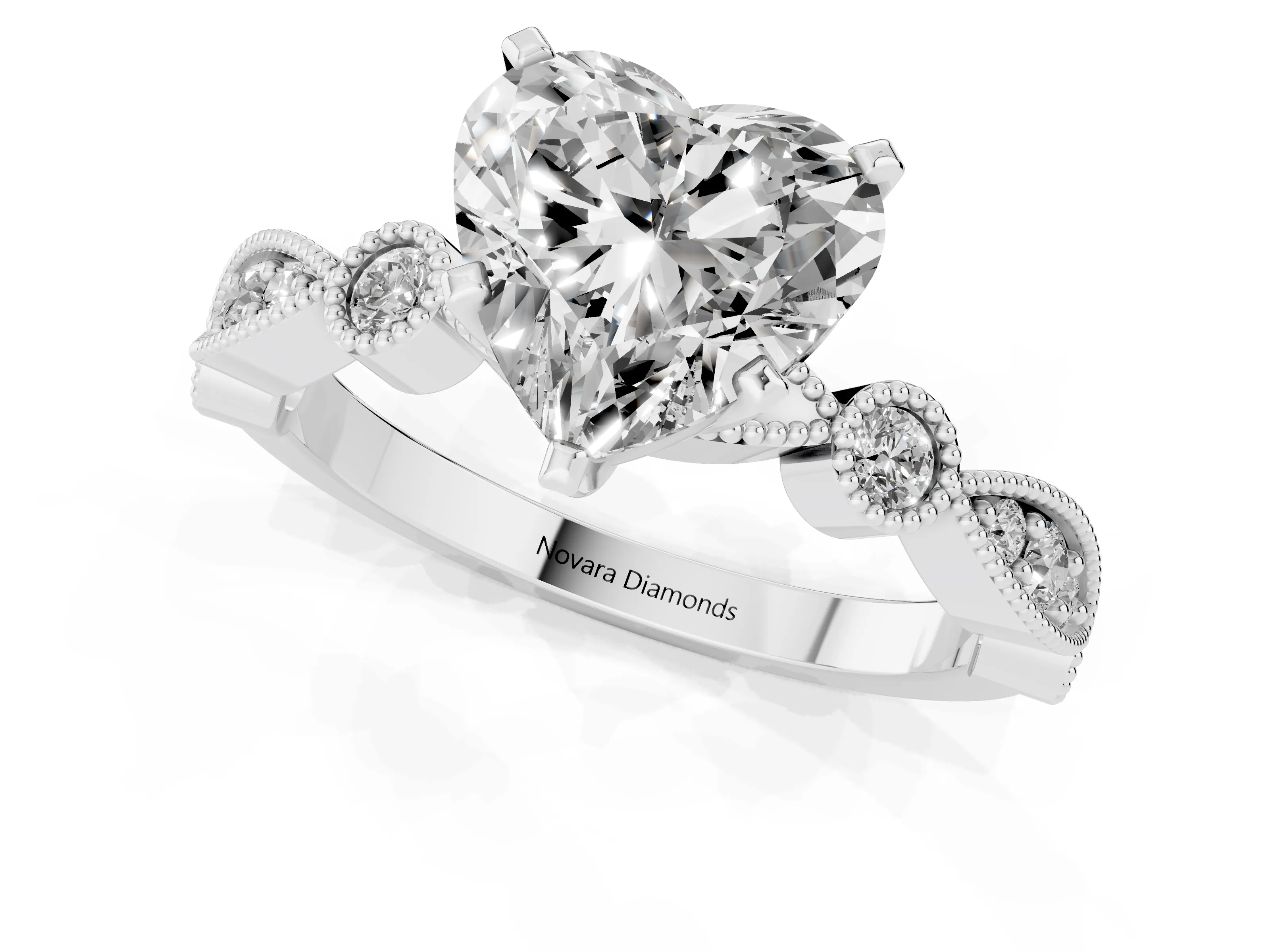 Heart Cut Diamond Solitaire Engagement Ring Set in White gold with Milgrain Bezel Accent Band