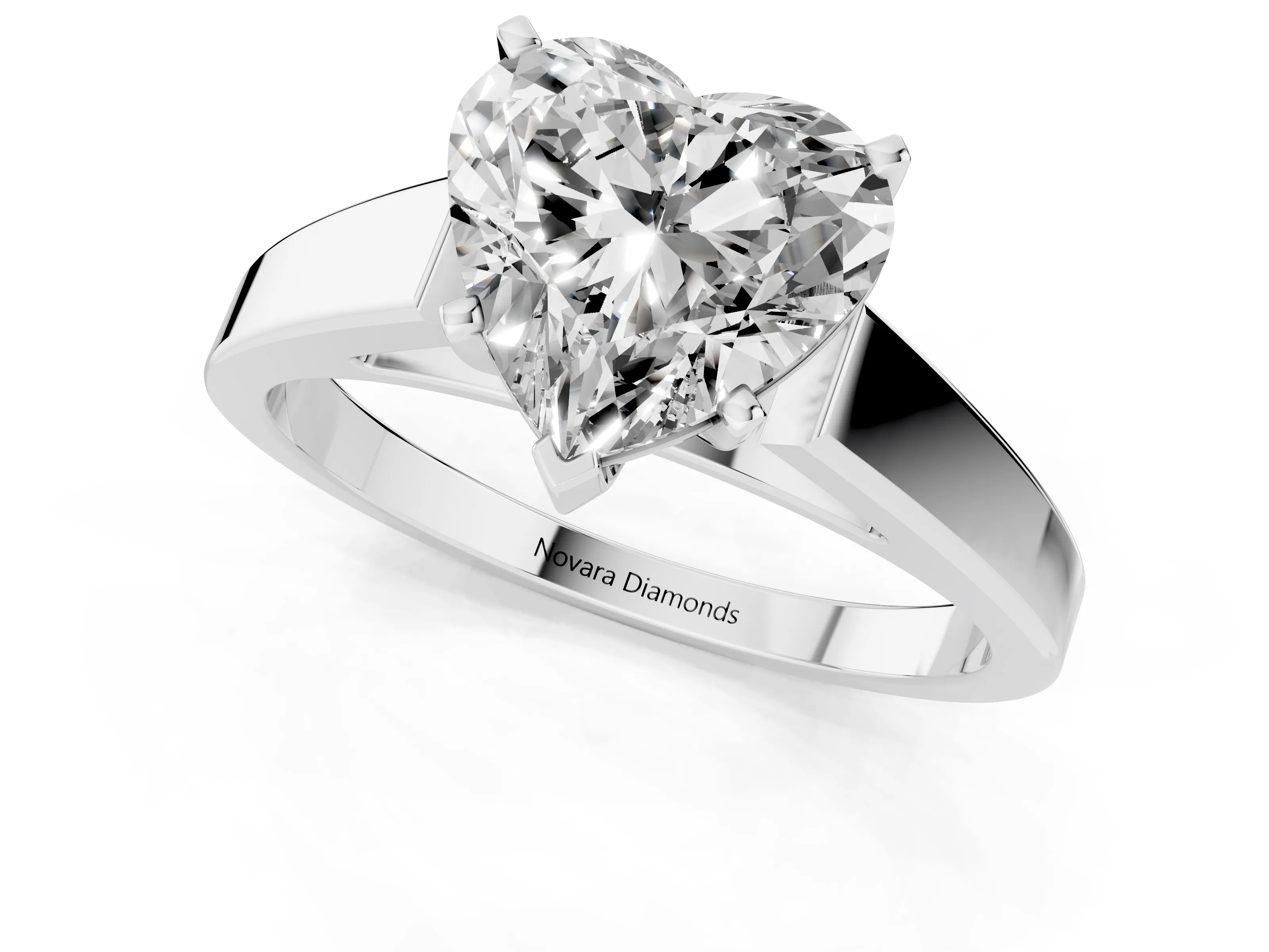 Heart Cut Diamond Solitaire Engagement Ring Set in White gold with Prong Setting and Tapered Band