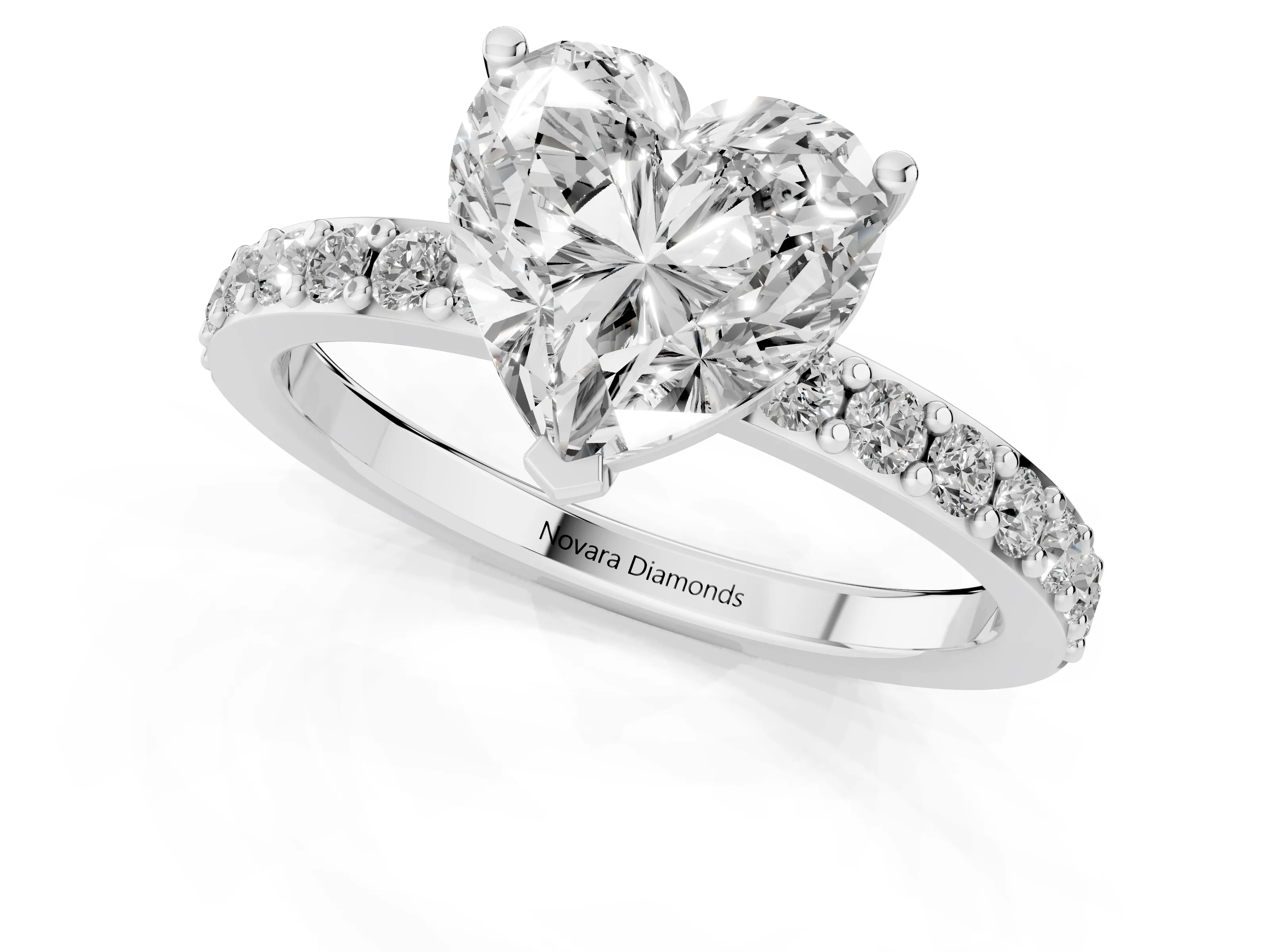 Heart Cut Diamond Solitaire Set in Platinum with Round Pavé Band and Prong Setting – second view
