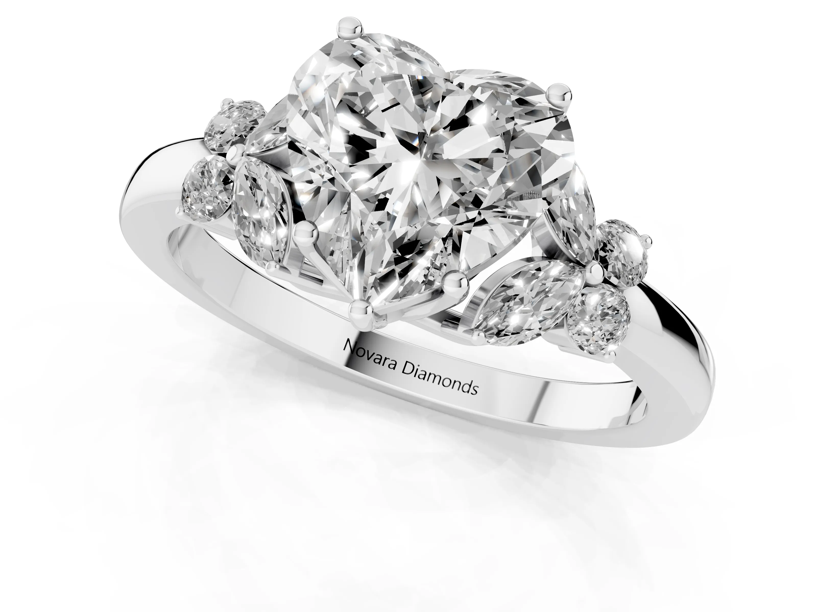 Heart Cut Diamond Solitaire Floral Ring Set in White gold with Marquise Petals and Prong Setting