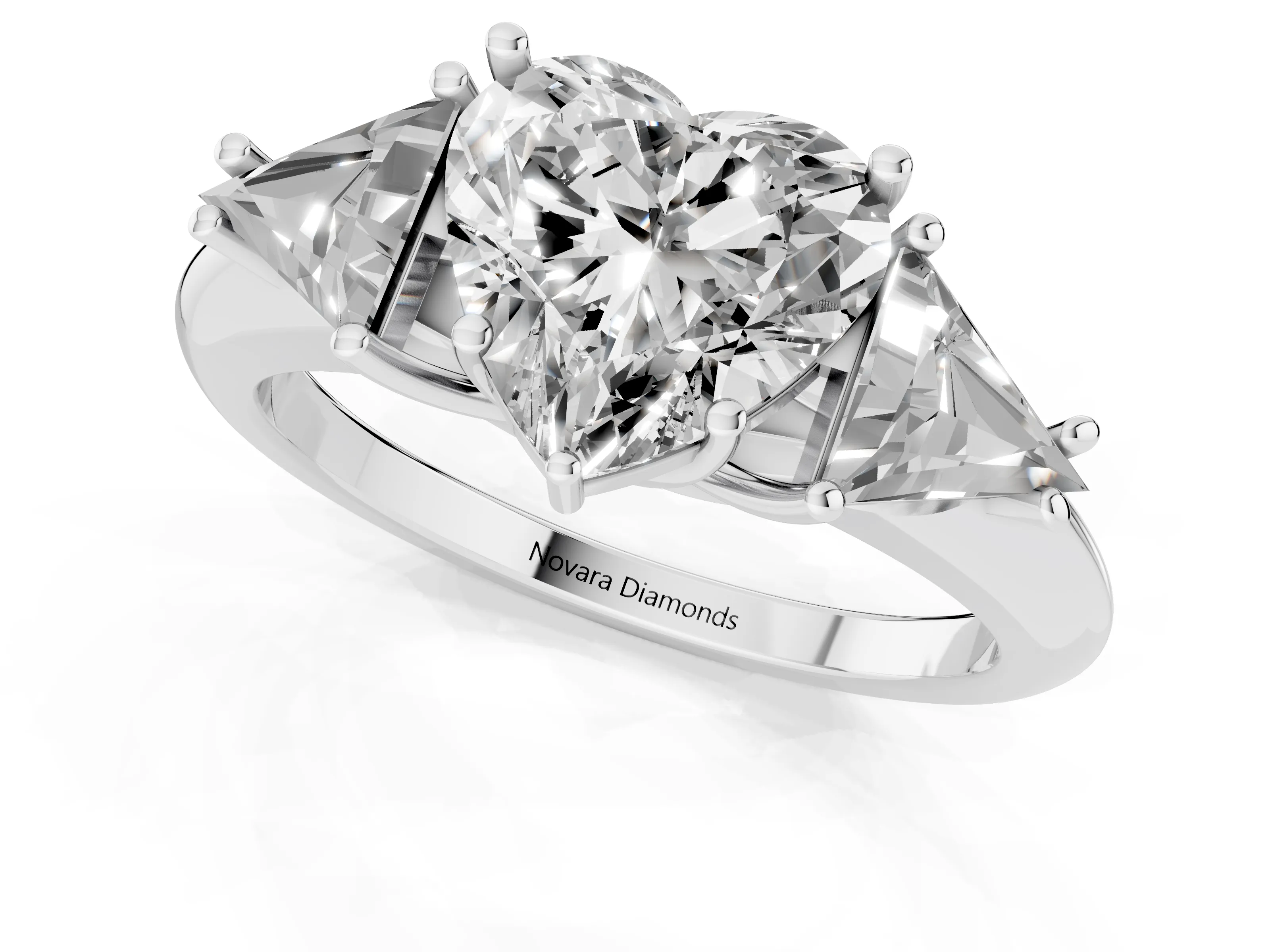 Heart Cut Diamond Three-Stone Engagement Ring Set in Silver with Trillion Side Stones