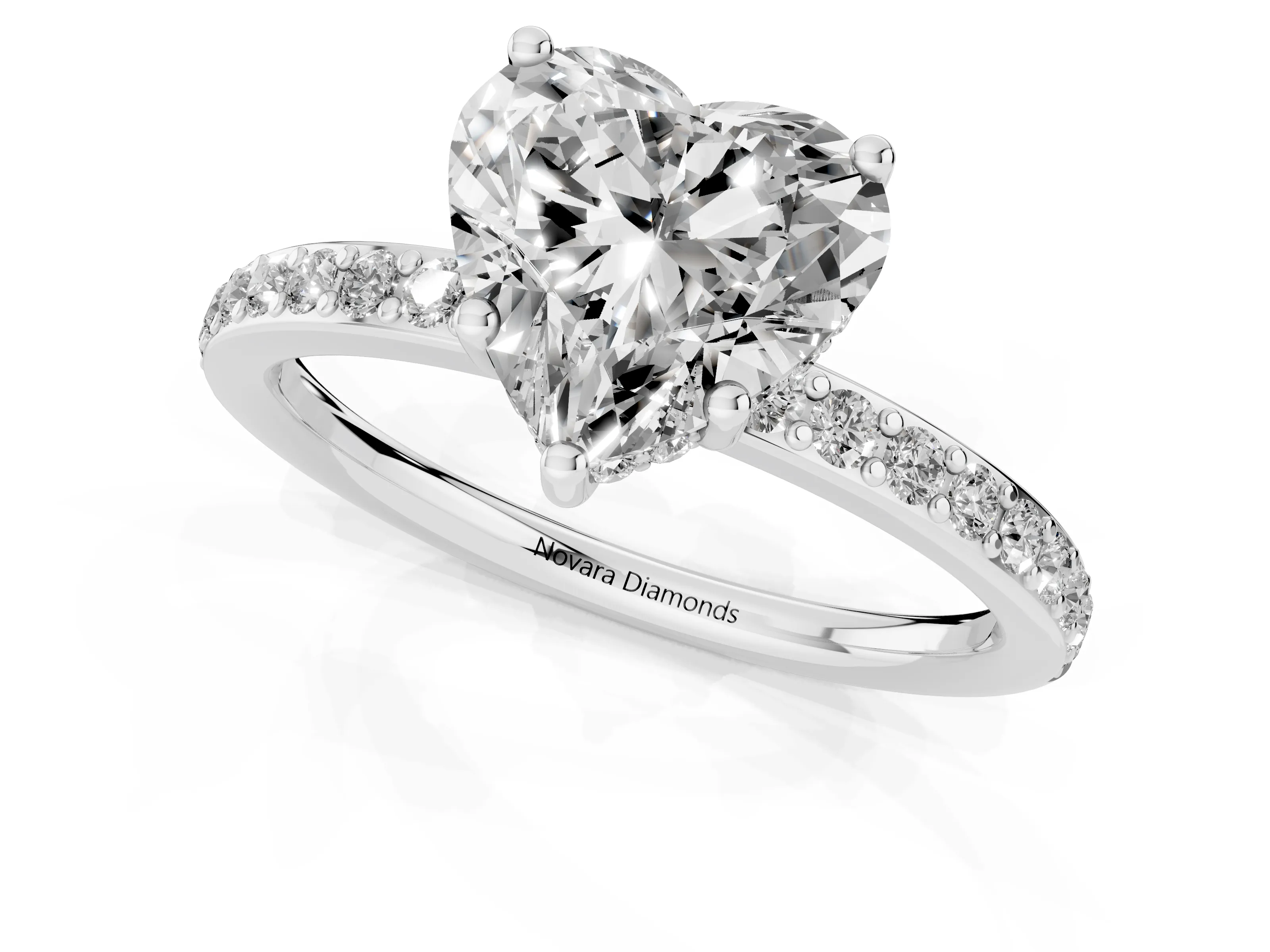 Heart Cut Diamond Pavé Band Ring Set in White gold with Prong-Set Center Stone – second view