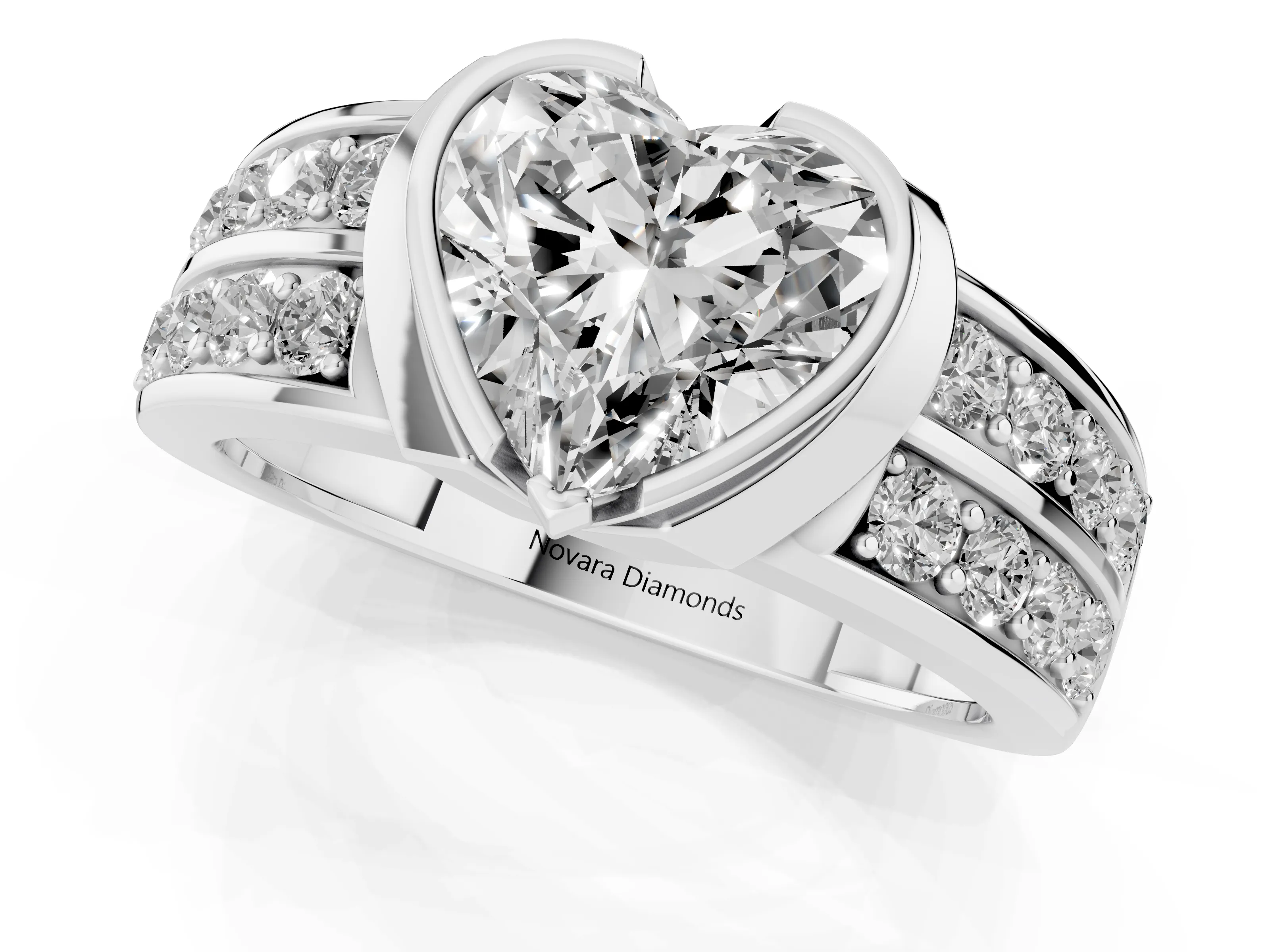 Heart Cut Diamond Wide Channel Set Band Ring Set in White gold with Bezel Setting