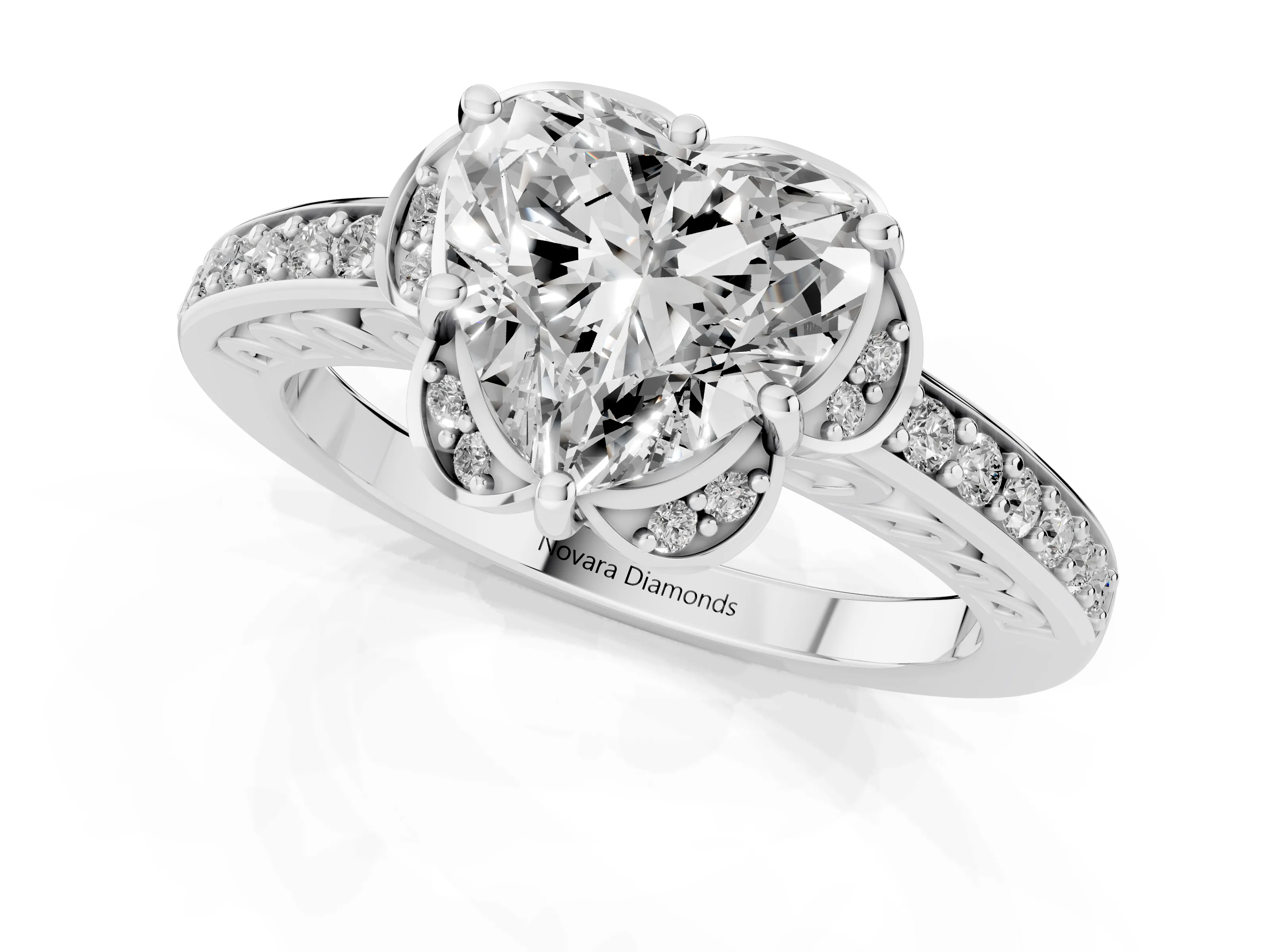 Heart Cut Diamond Halo Ring Set in Silver with Channel Set Band and Prong Setting