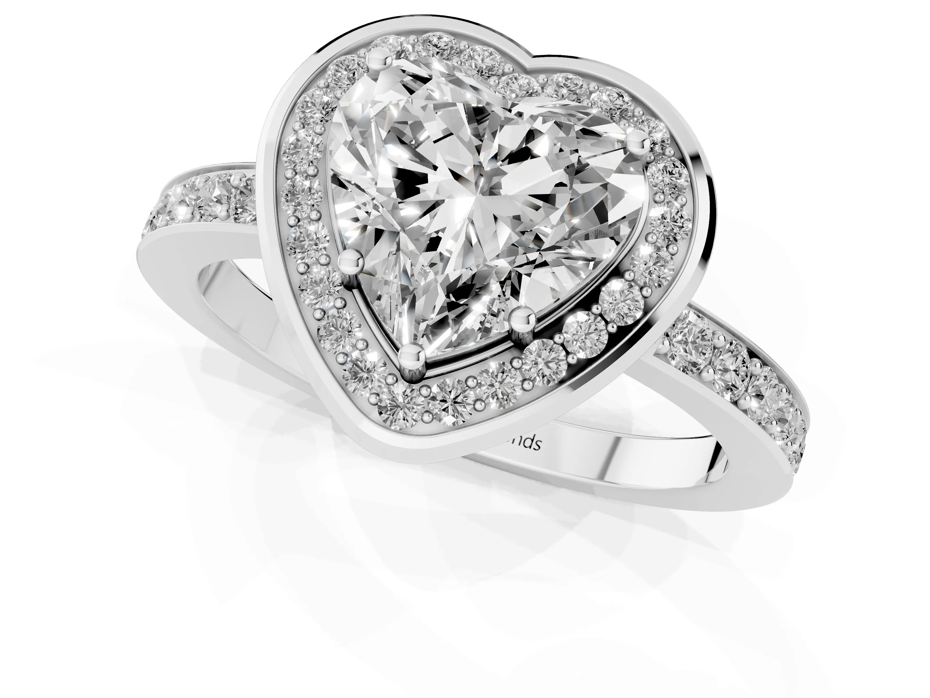 Heart Cut Diamond Halo Ring Set in White gold with Bezel Frame and Pavé Band