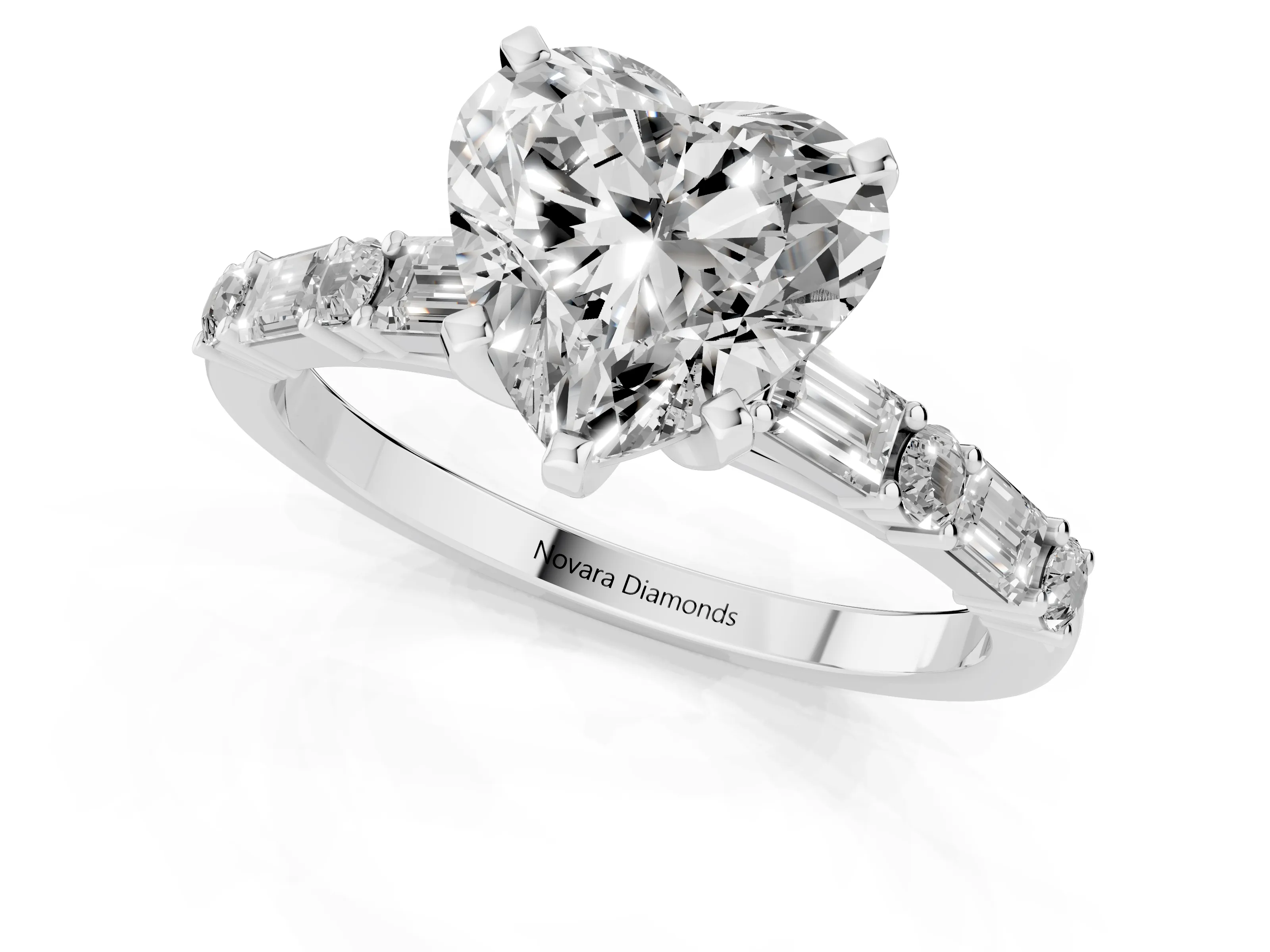 Heart Cut Diamond Solitaire Set in Silver with Side Baguettes and Channel Set Band