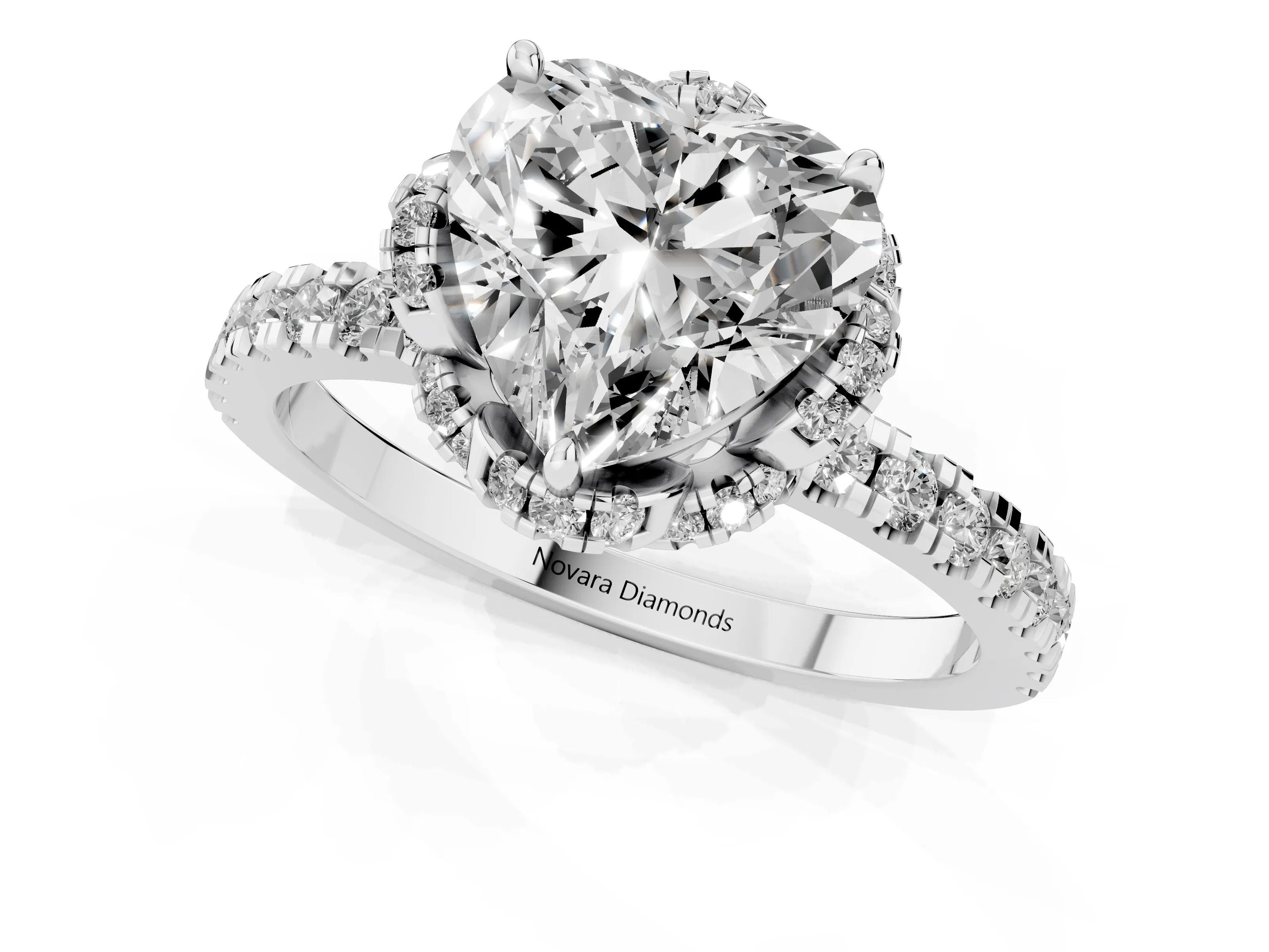 Heart Cut Diamond Halo Pavé Band Ring Set in Platinum with Prong-Held Center