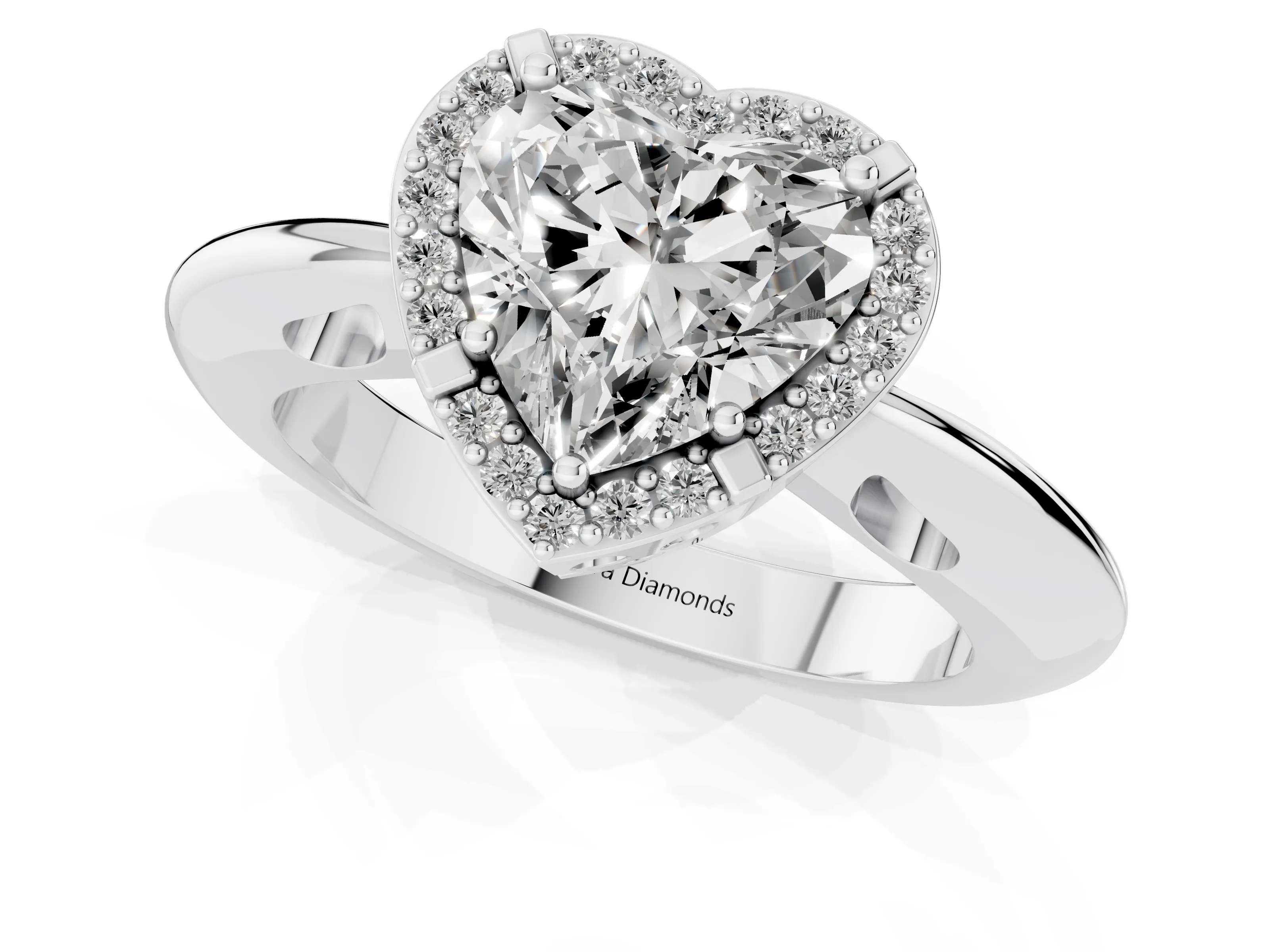 Heart Cut Diamond Halo Engagement Ring Set in Platinum with Plain Split Shank and Prong Setting