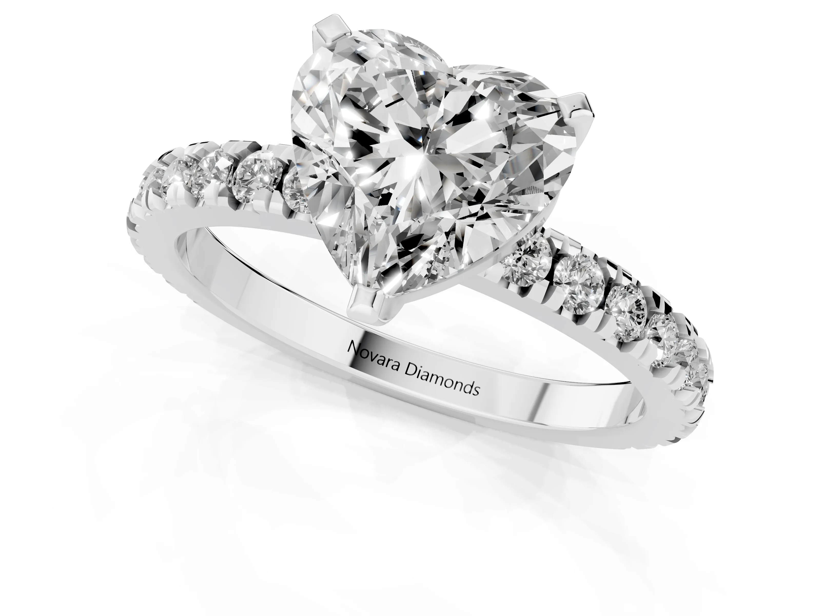 Heart Cut Diamond Pavé Band Solitaire Set in Silver with Prong Setting