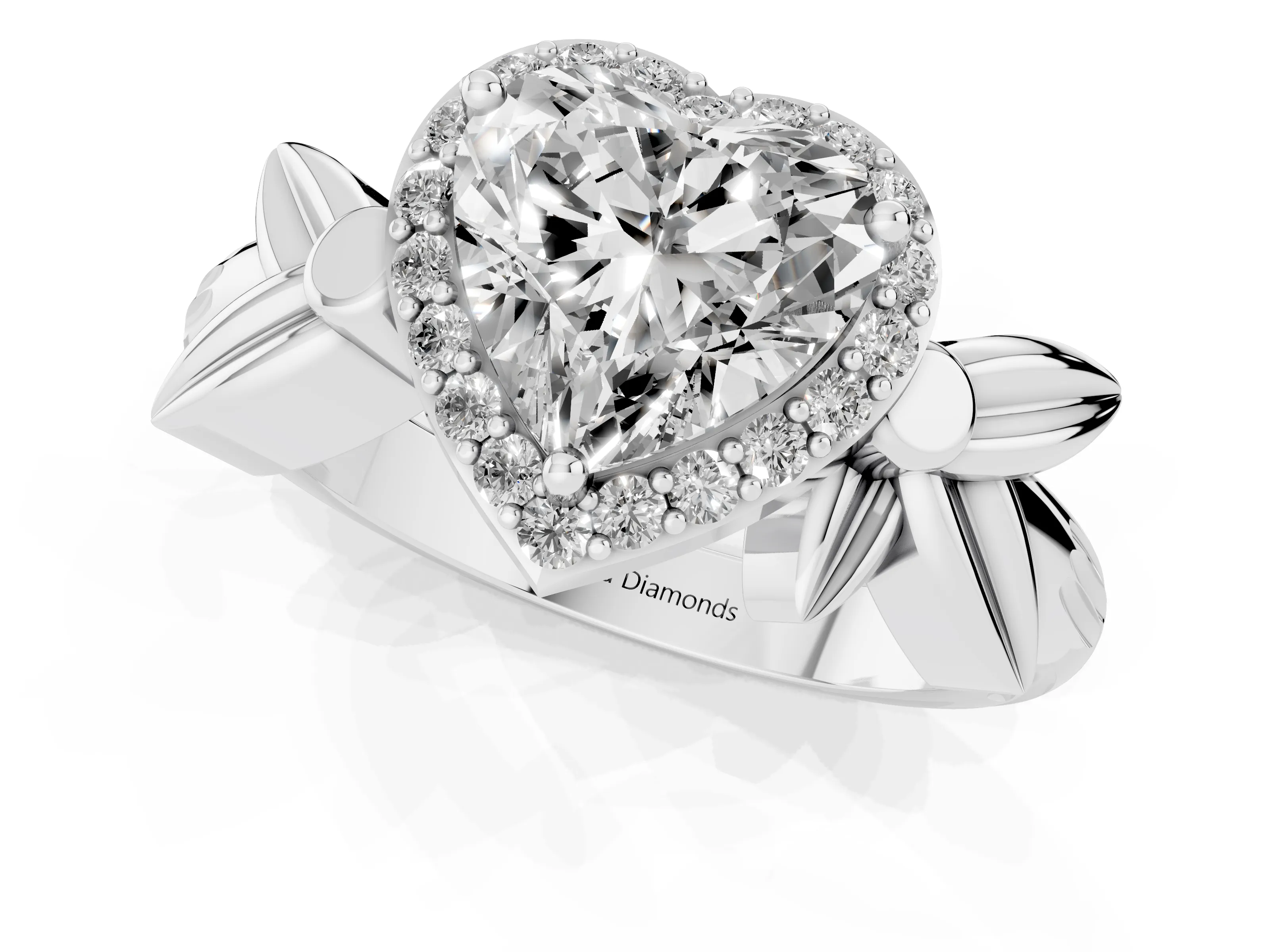 Heart Cut Diamond Halo Floral Band Ring Set in Platinum with Prong Setting – second view