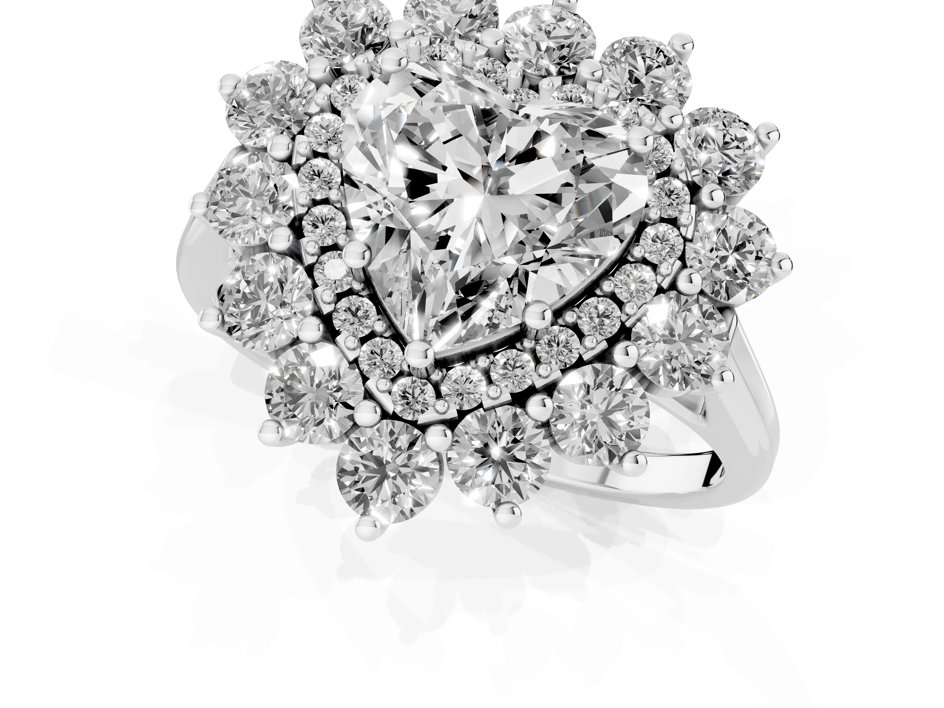 Heart Cut Diamond Floral Double Halo Ring Set in Platinum with Round Petals