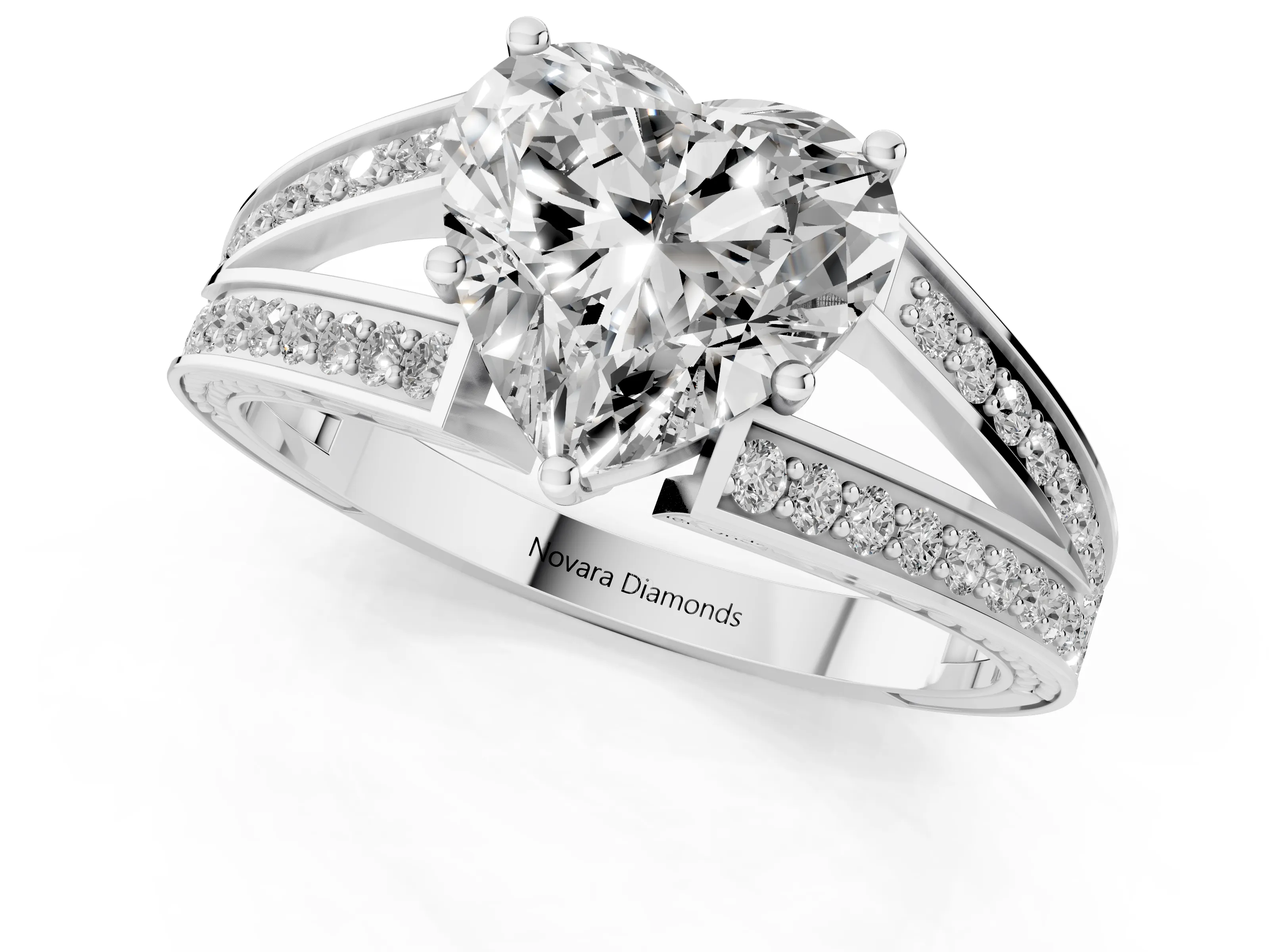 Heart Cut Diamond Split Shank Ring Set in Platinum with Pavé Band and Prong Setting