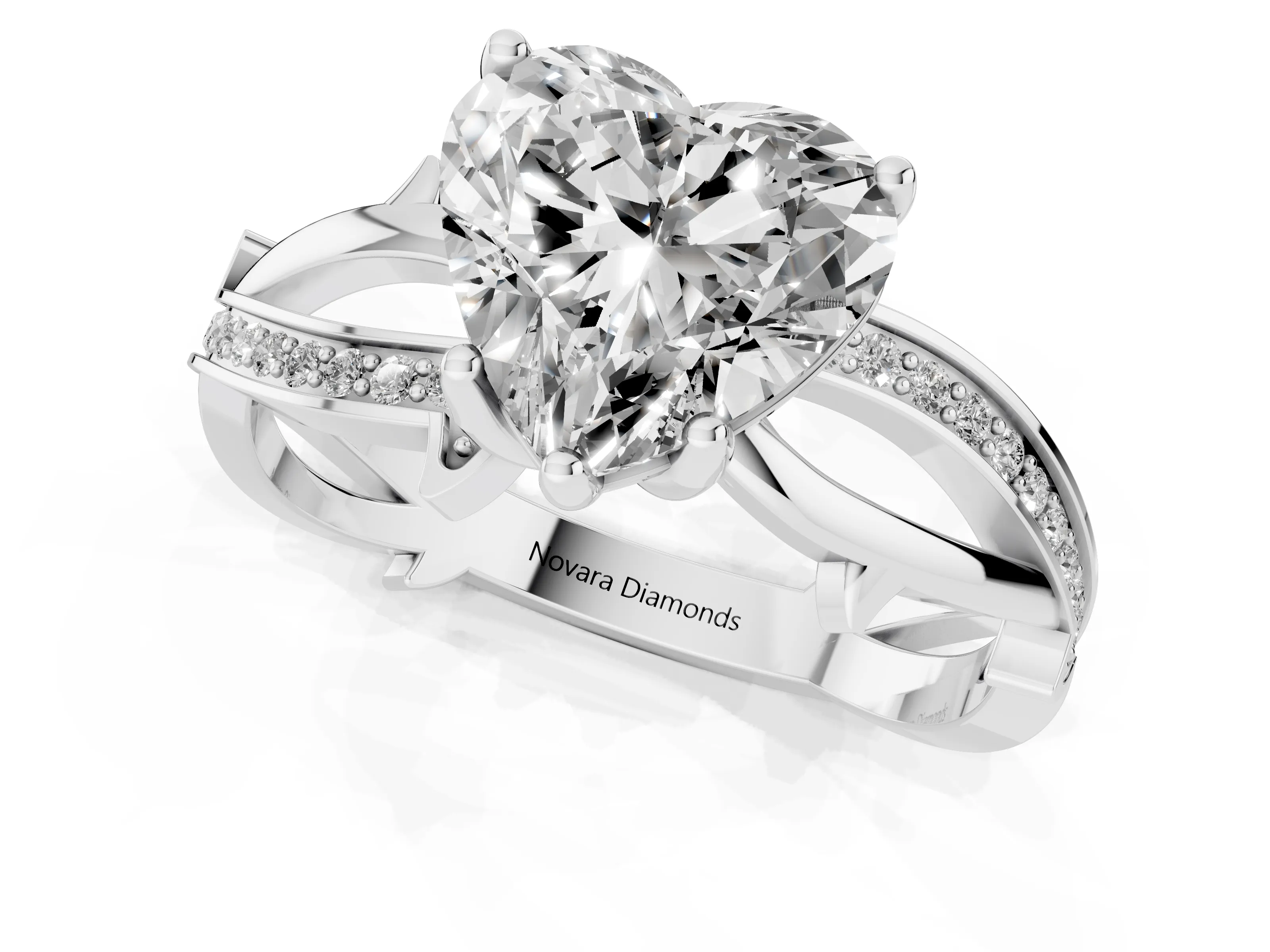 Heart Cut Diamond Pavé Twist Band Solitaire Ring Set in White gold with Prong Setting