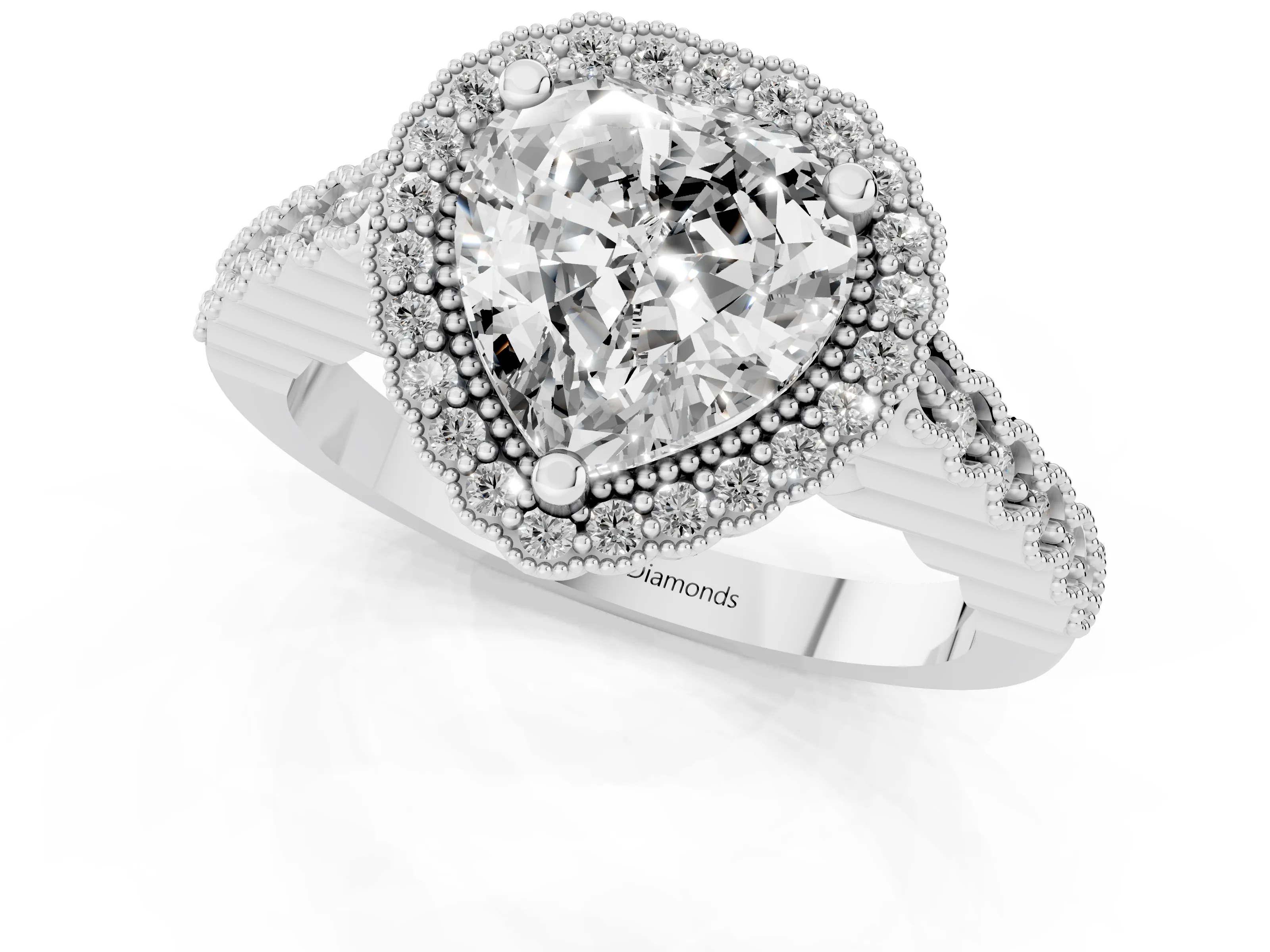 Heart Cut Diamond Halo Ring Set in Platinum with Pavé Milgrain Band