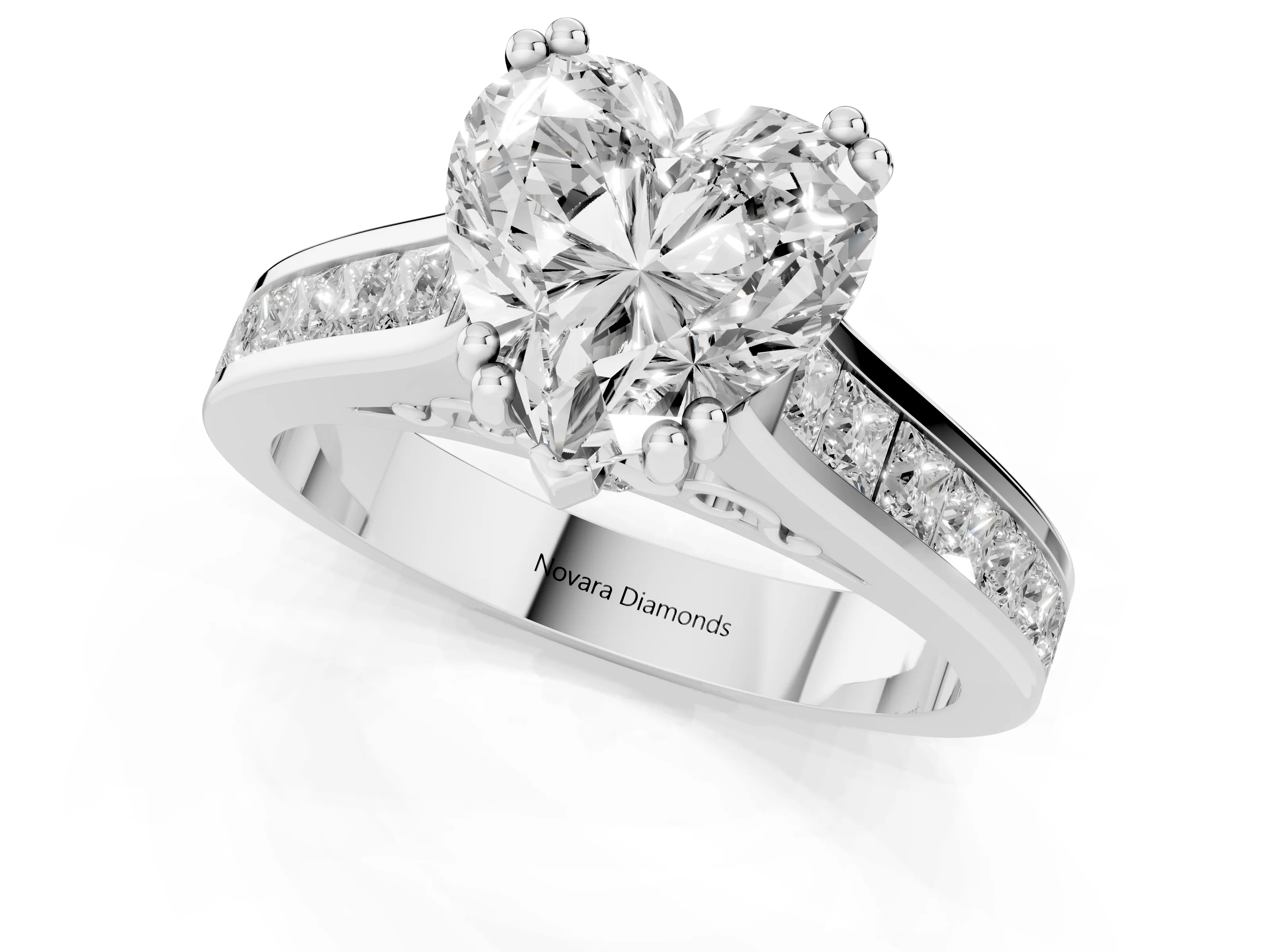 Heart Cut Diamond Channel Set Solitaire Engagement Ring Set in Silver with Prong Setting